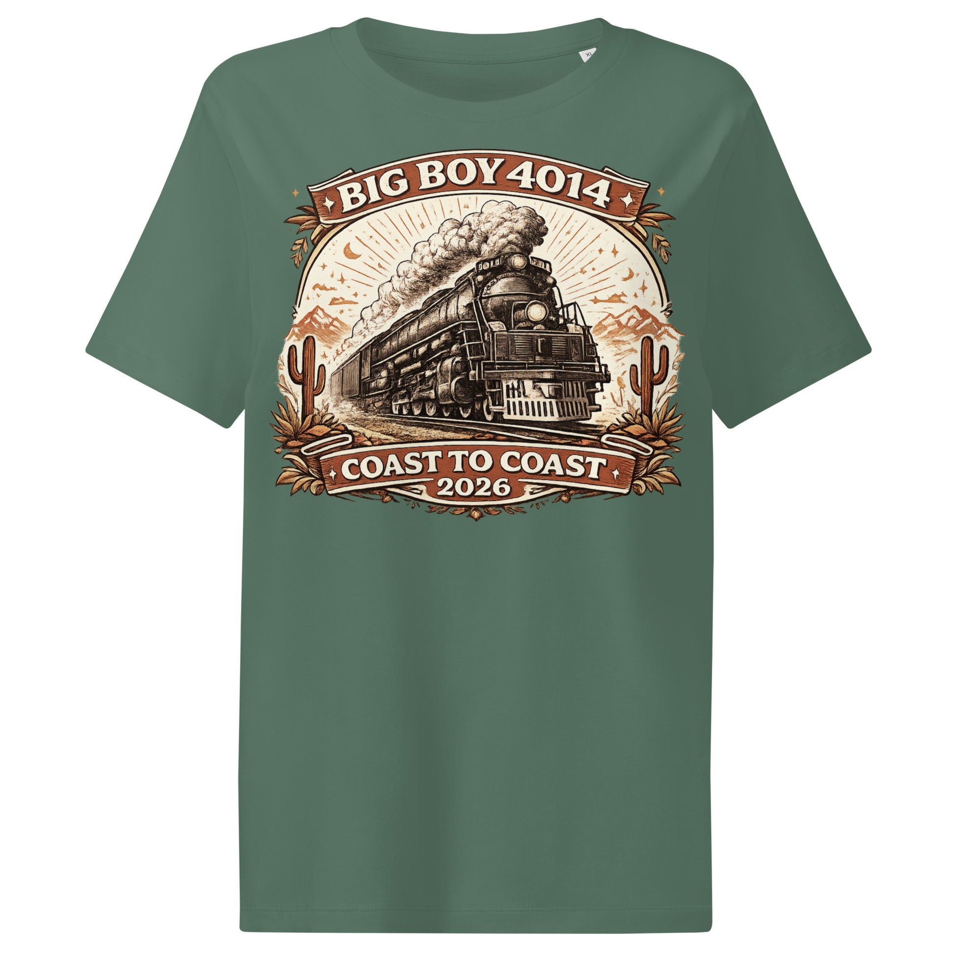 Green t-shirt with a train graphic and text on a white background