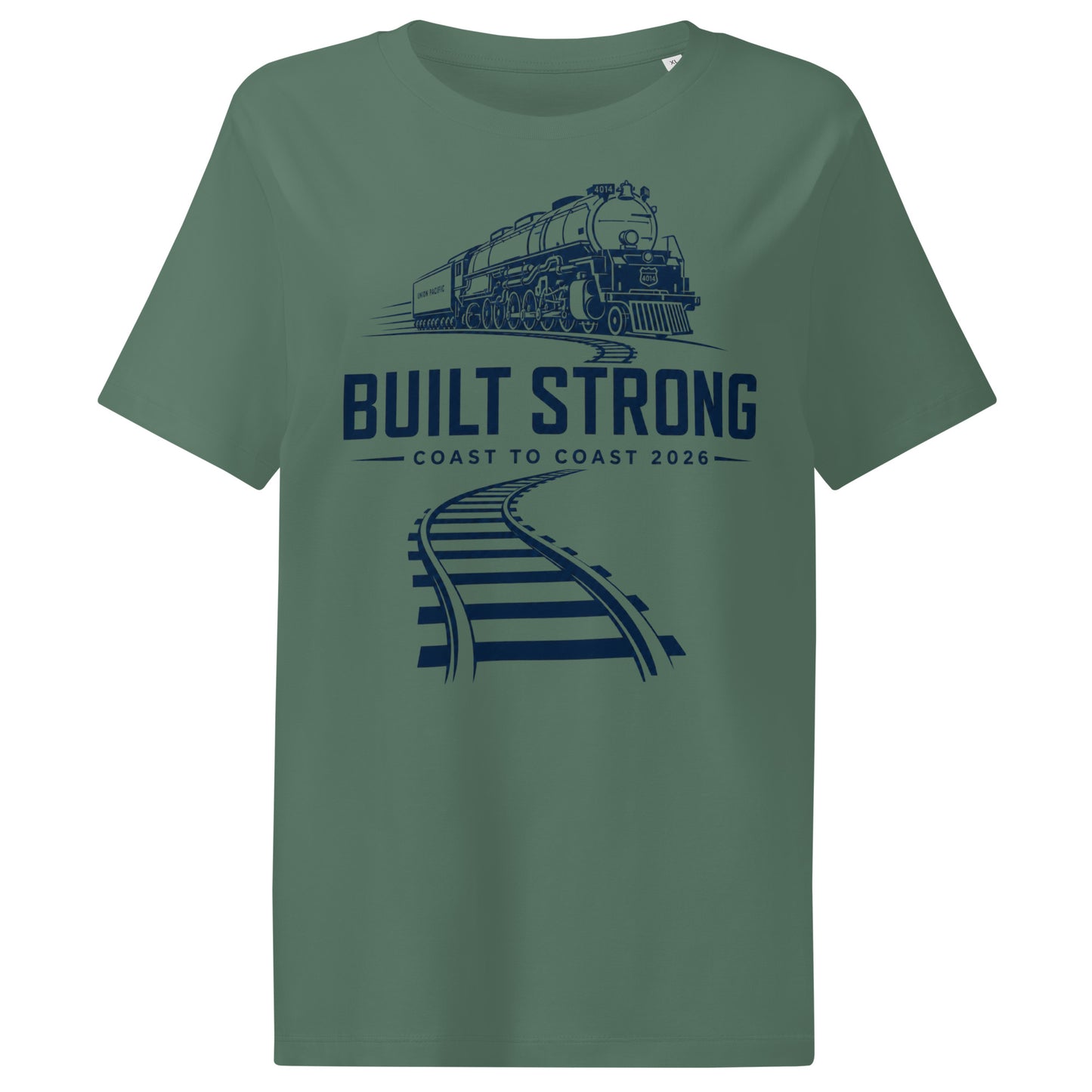 green women's t-shirt featuring a sleek, dark line-art graphic of the Big Boy 4014 steam locomotive on curving tracks, with text reading "Built Strong" and "Coast to Coast 2026".