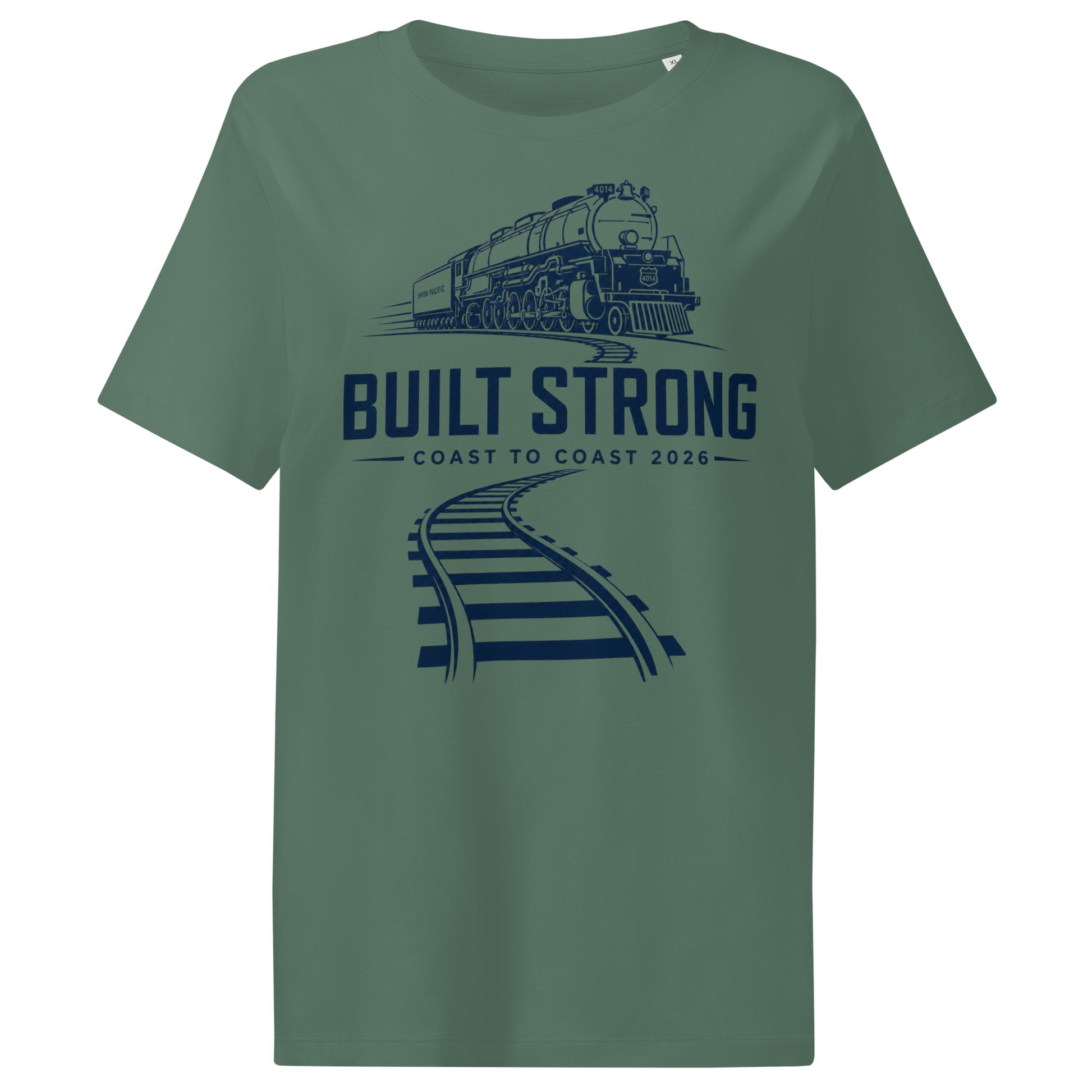 green women's t-shirt featuring a sleek, dark line-art graphic of the Big Boy 4014 steam locomotive on curving tracks, with text reading "Built Strong" and "Coast to Coast 2026".
