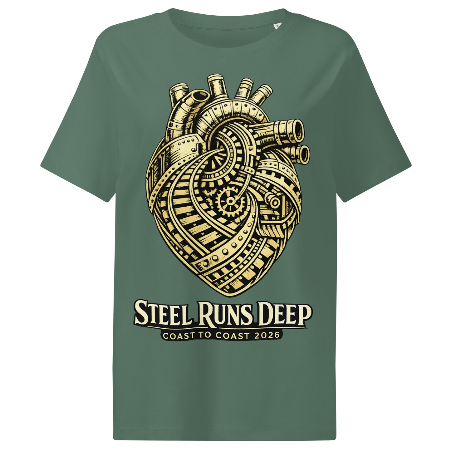 Green women's t-shirt featuring an intricate vintage illustration of a mechanical heart made of train tracks and gears, with text reading "Steel Runs Deep" and "Coast to Coast 2026".