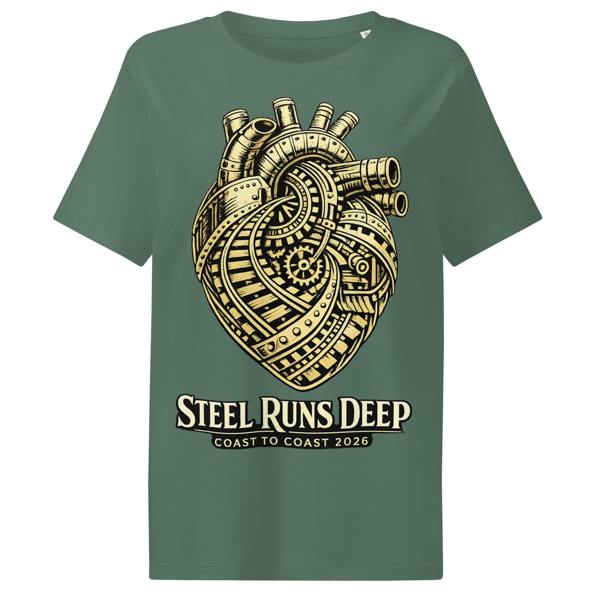Green women's t-shirt featuring an intricate vintage illustration of a mechanical heart made of train tracks and gears, with text reading "Steel Runs Deep" and "Coast to Coast 2026".
