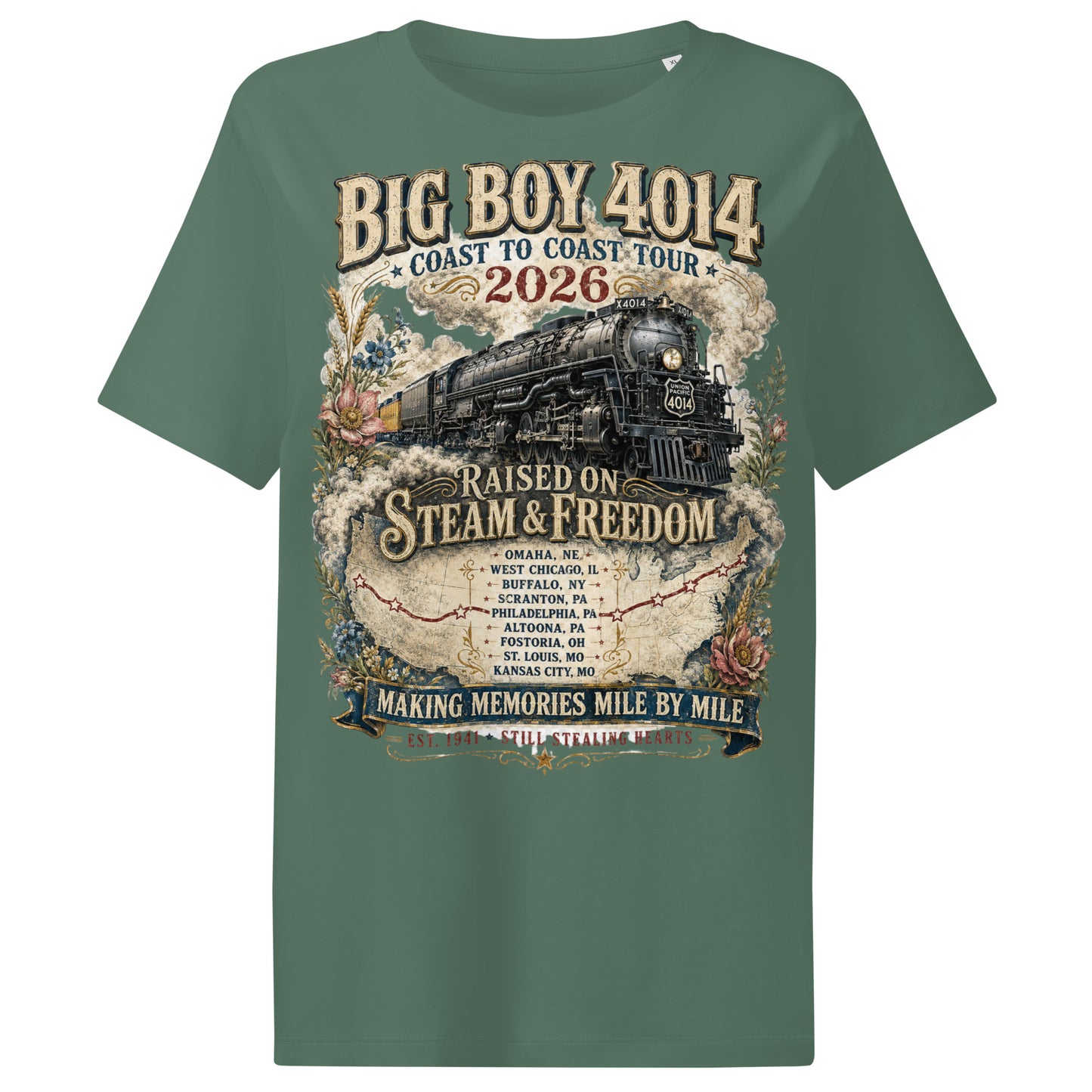 Green t-shirt with steam locomotive graphic and text on a white background