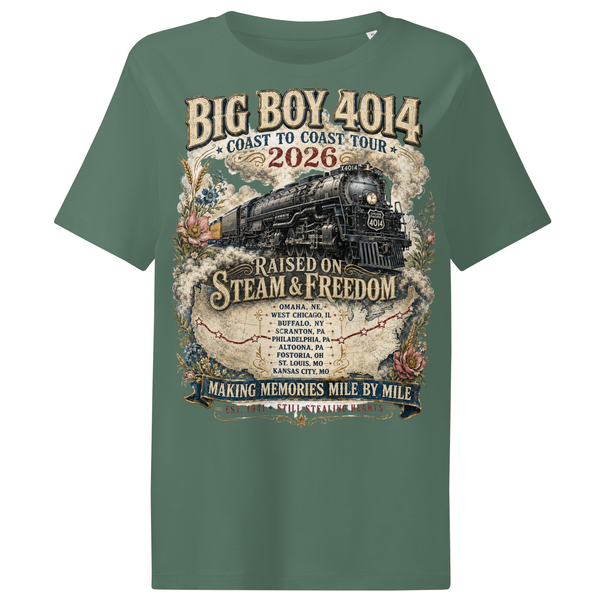 Green t-shirt with steam locomotive graphic and text on a white background