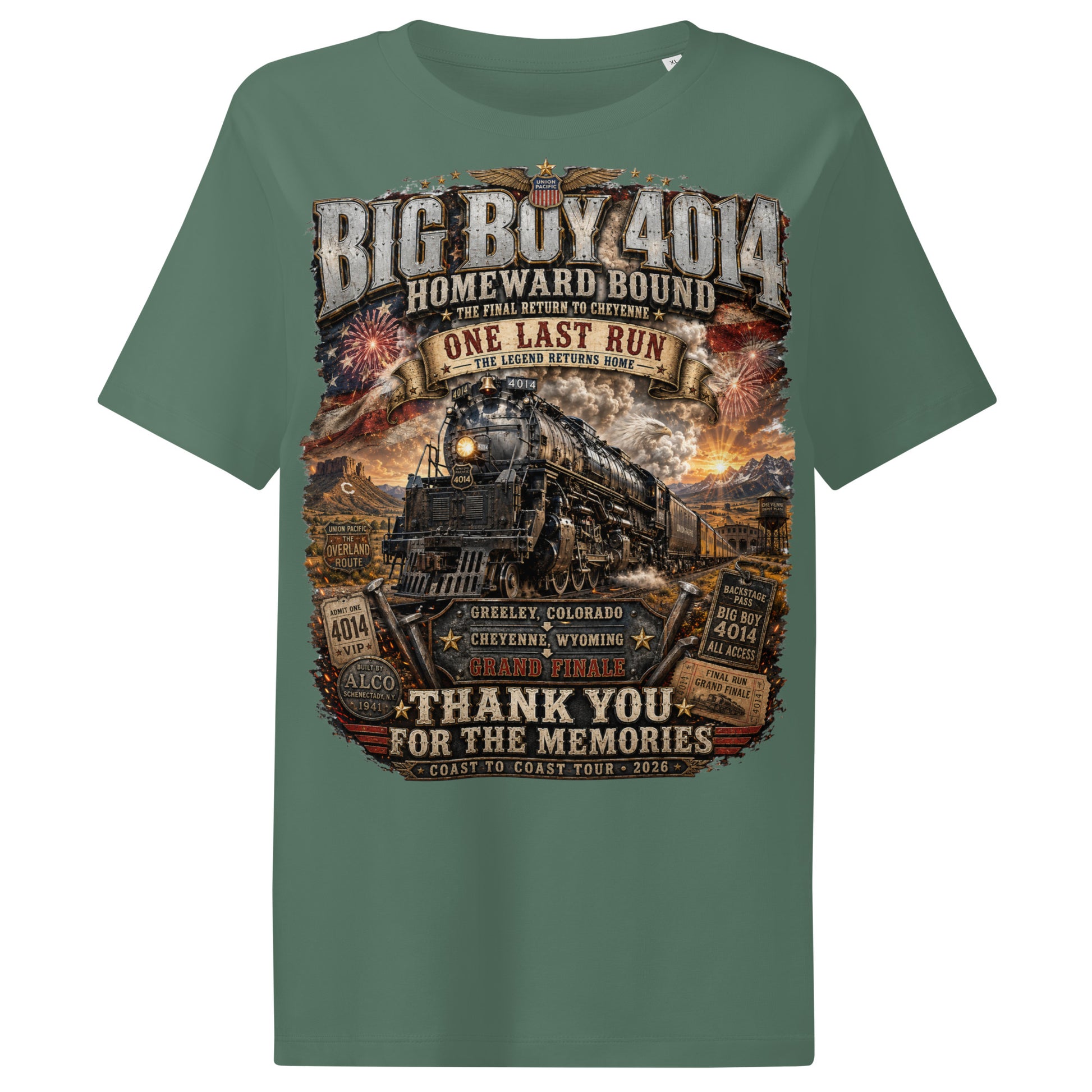 Green women's ribbed neck t-shirt featuring an intricate graphic of the Big Boy 4014 steam locomotive charging through a western landscape with a sunset and fireworks in the sky. Text reads "BIG BOY 4014", "HOMEWARD BOUND", "THE FINAL RETURN TO CHEYENNE", "ONE LAST RUN", and "THANK YOU FOR THE MEMORIES". The design includes vintage ticket stubs and lists Greeley, Colorado and Cheyenne, Wyoming for the Grand Finale of the Coast to Coast Tour 2026.