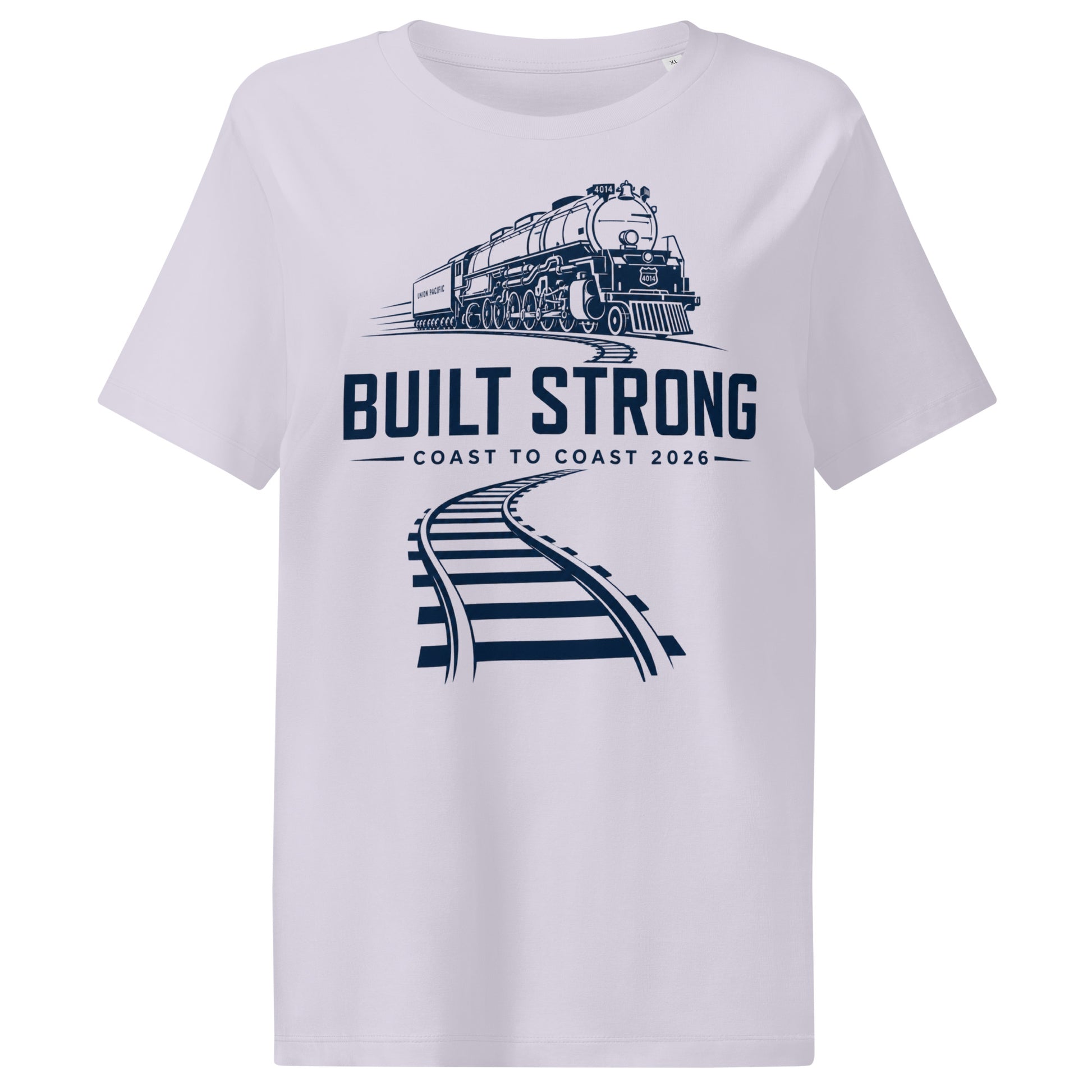 Lavender women's t-shirt featuring a sleek, dark line-art graphic of the Big Boy 4014 steam locomotive on curving tracks, with text reading "Built Strong" and "Coast to Coast 2026".