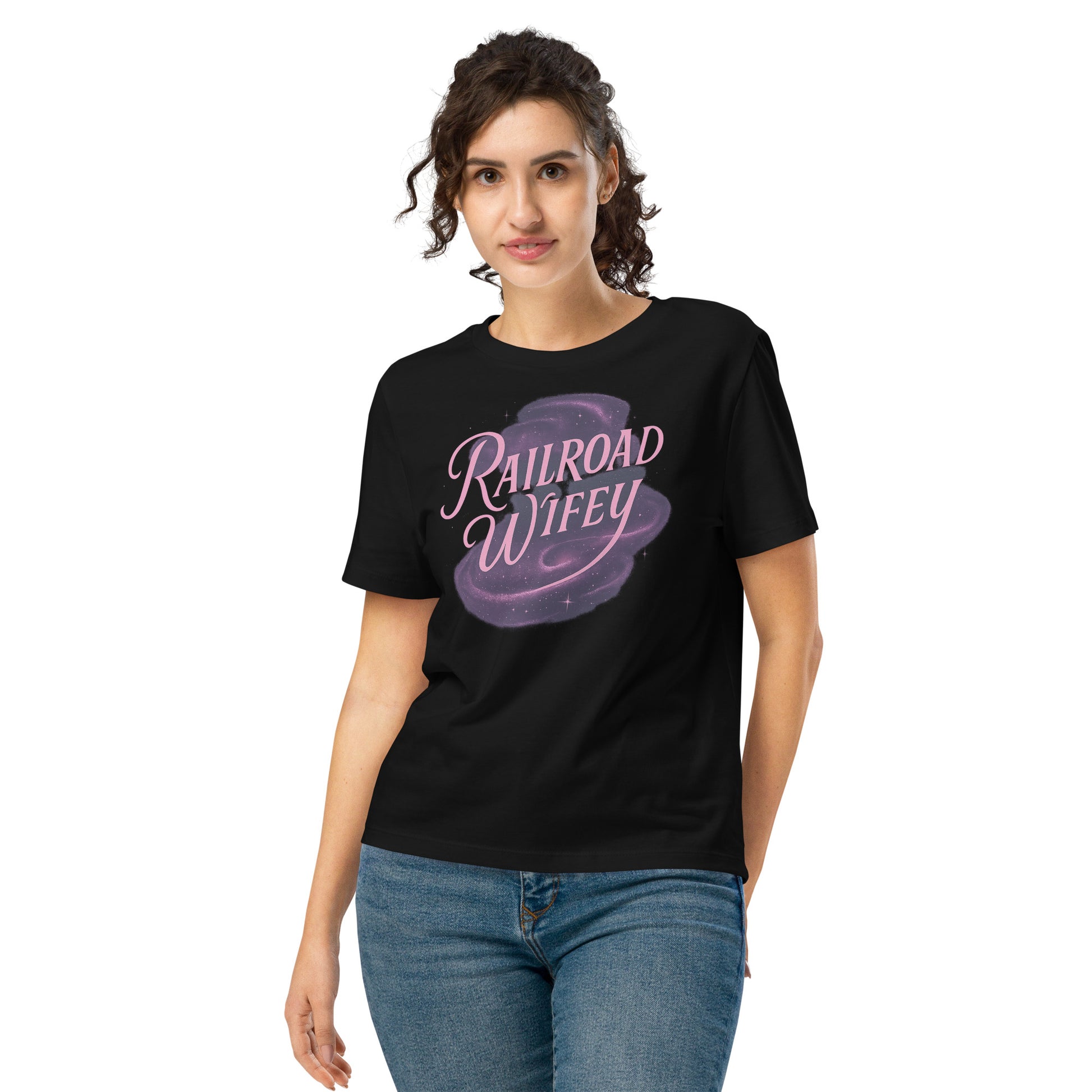 "Railroad Wifey double-sided black t-shirt – front design with Railroad Wifey script in pink and purple, back design with bold text 'Expensive, Difficult & Talks Back' in purple."