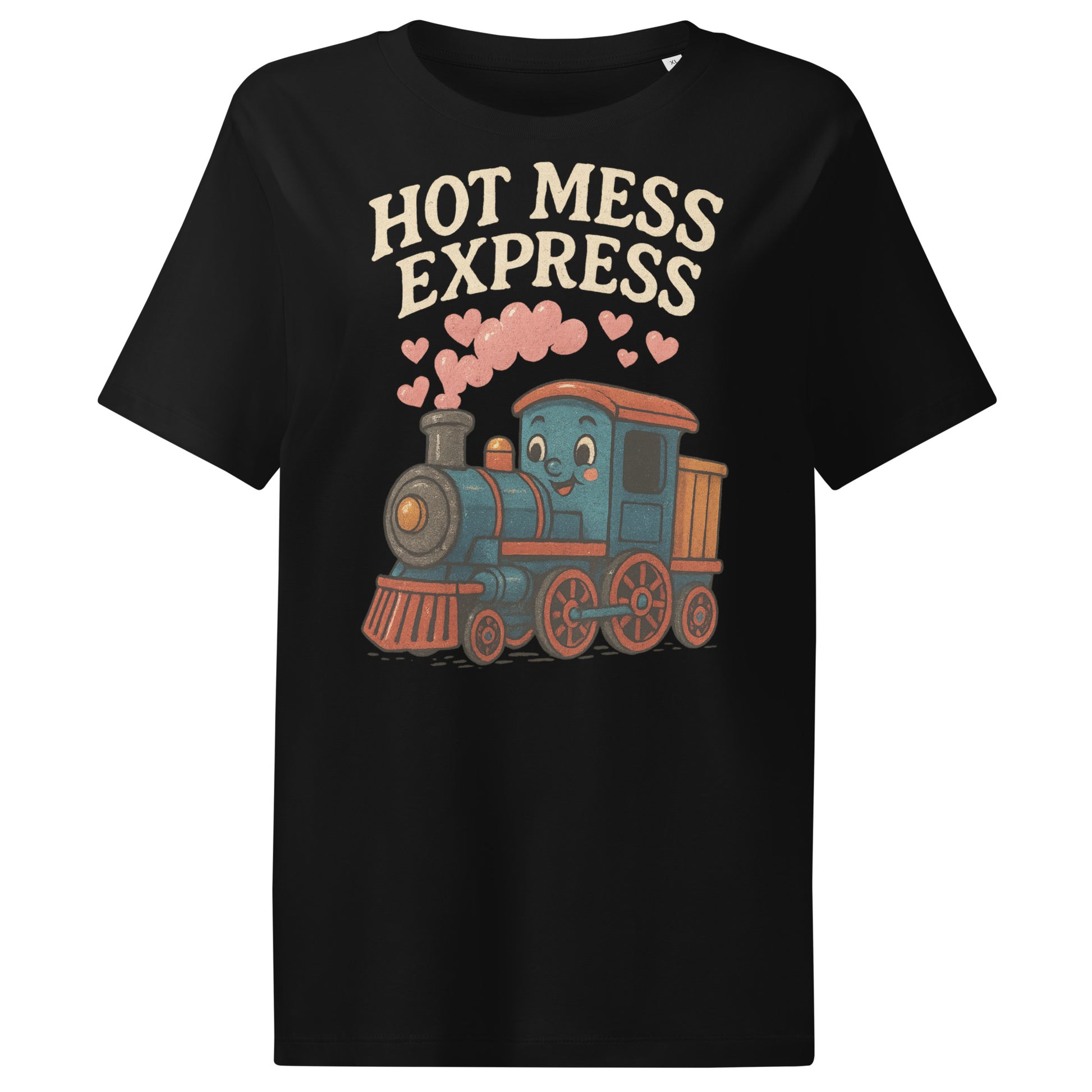 Black t-shirt with a cartoon train and 'Hot Mess Express' text on a white background