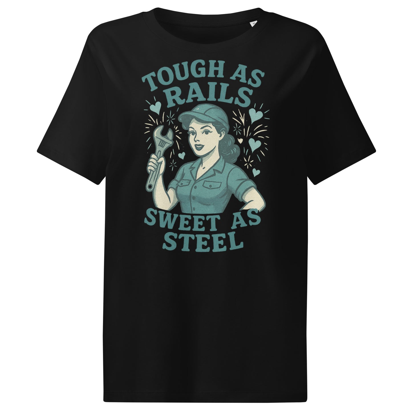 Black t-shirt with graphic design and text 'Tough as Rails, Sweet as Steel' on a white background