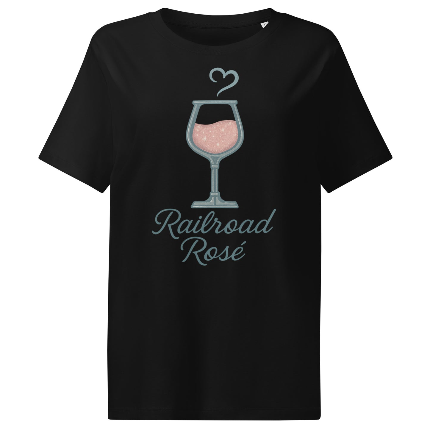 Black t-shirt with a graphic of a wine glass and 'Railroad Rosé' text on a white background