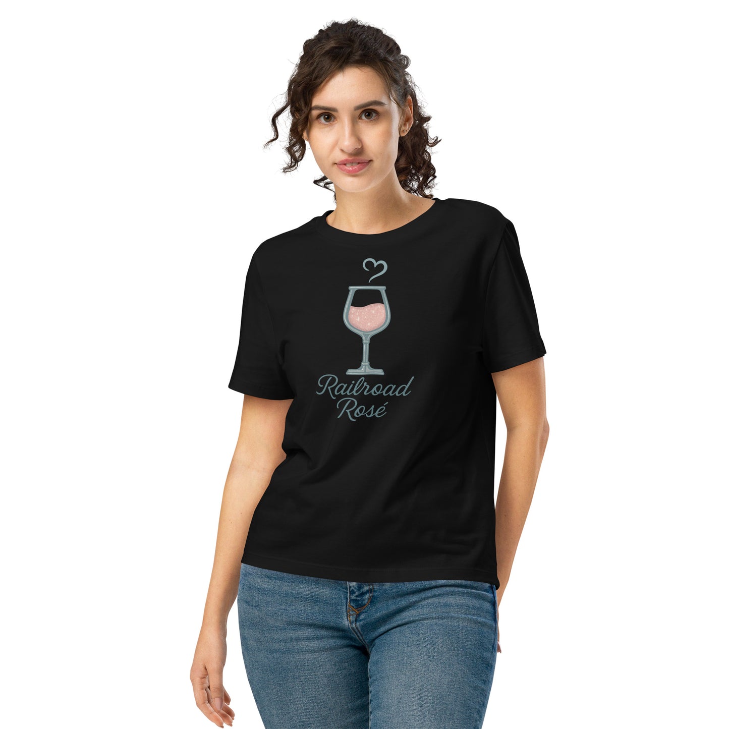 Woman wearing a black t-shirt with 'Railroad Rose' design on a white background