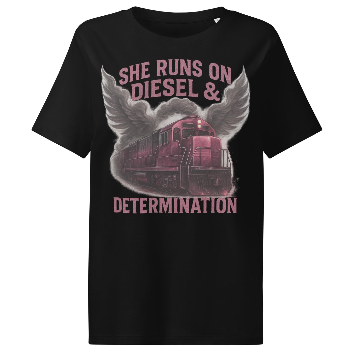 Black t-shirt with a graphic of a train and text 'She Runs on Diesel & Determination' on a white background
