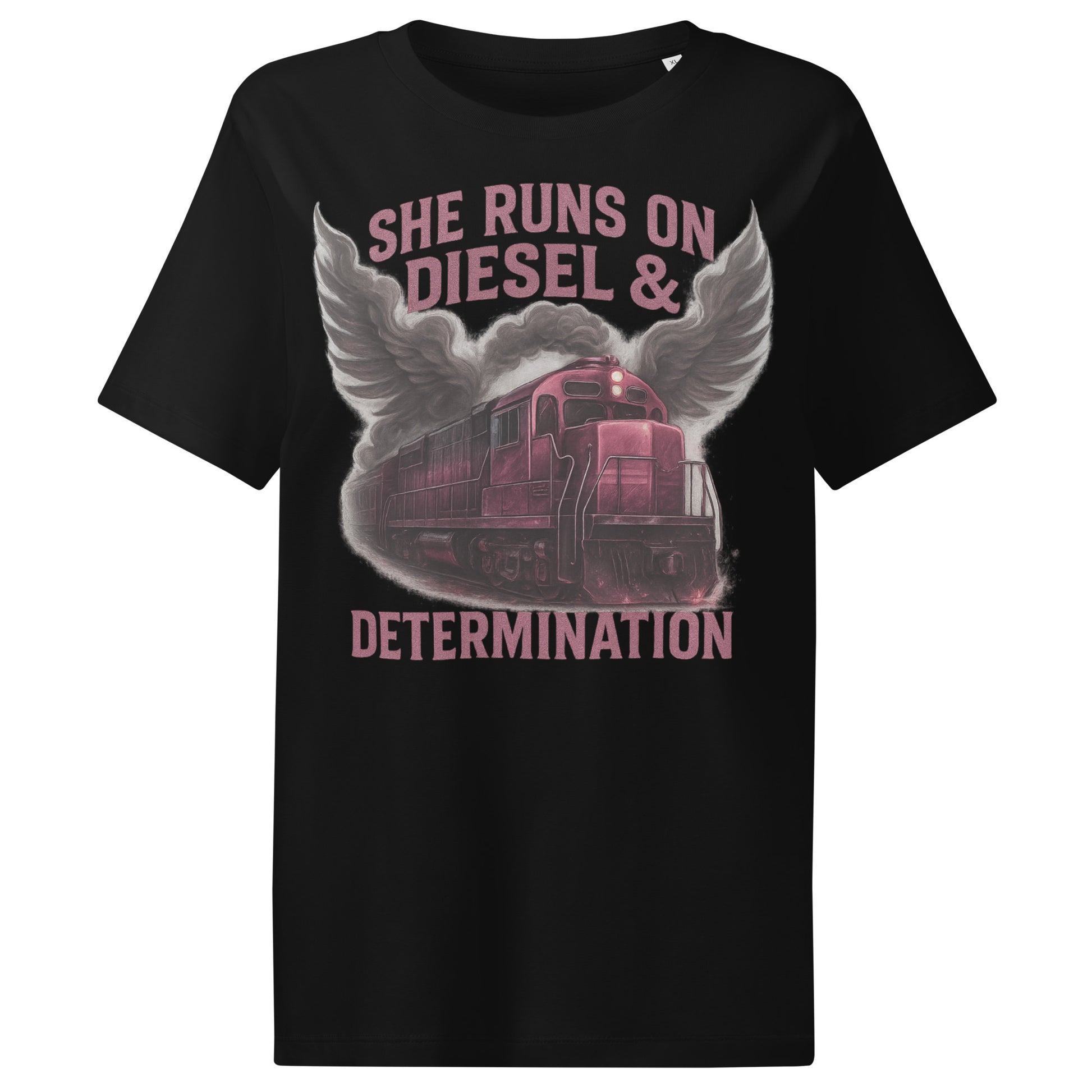 Black t-shirt with a graphic of a train and text 'She Runs on Diesel & Determination' on a white background