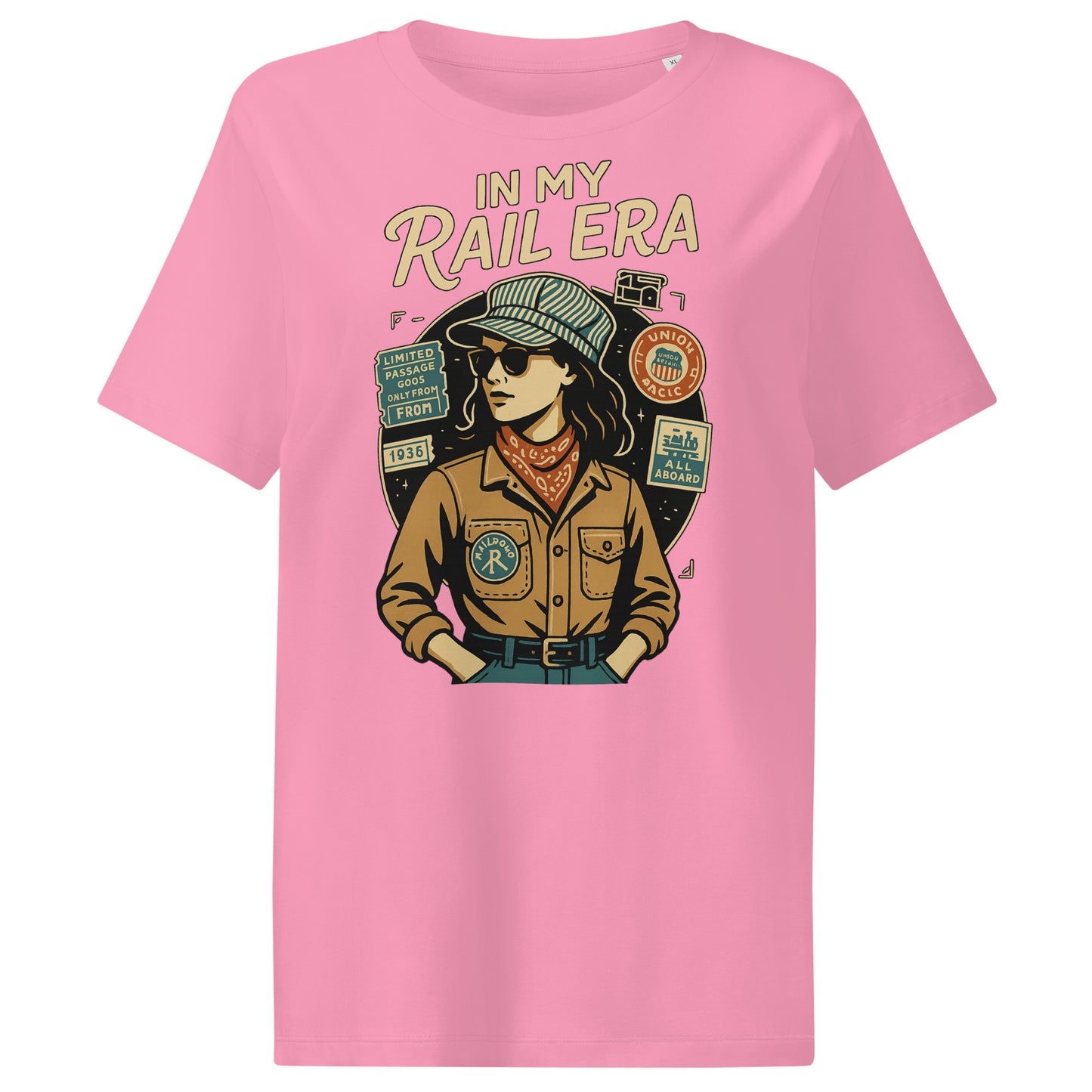 Pink t-shirt with a graphic design of a person in a铁路era theme on a white background