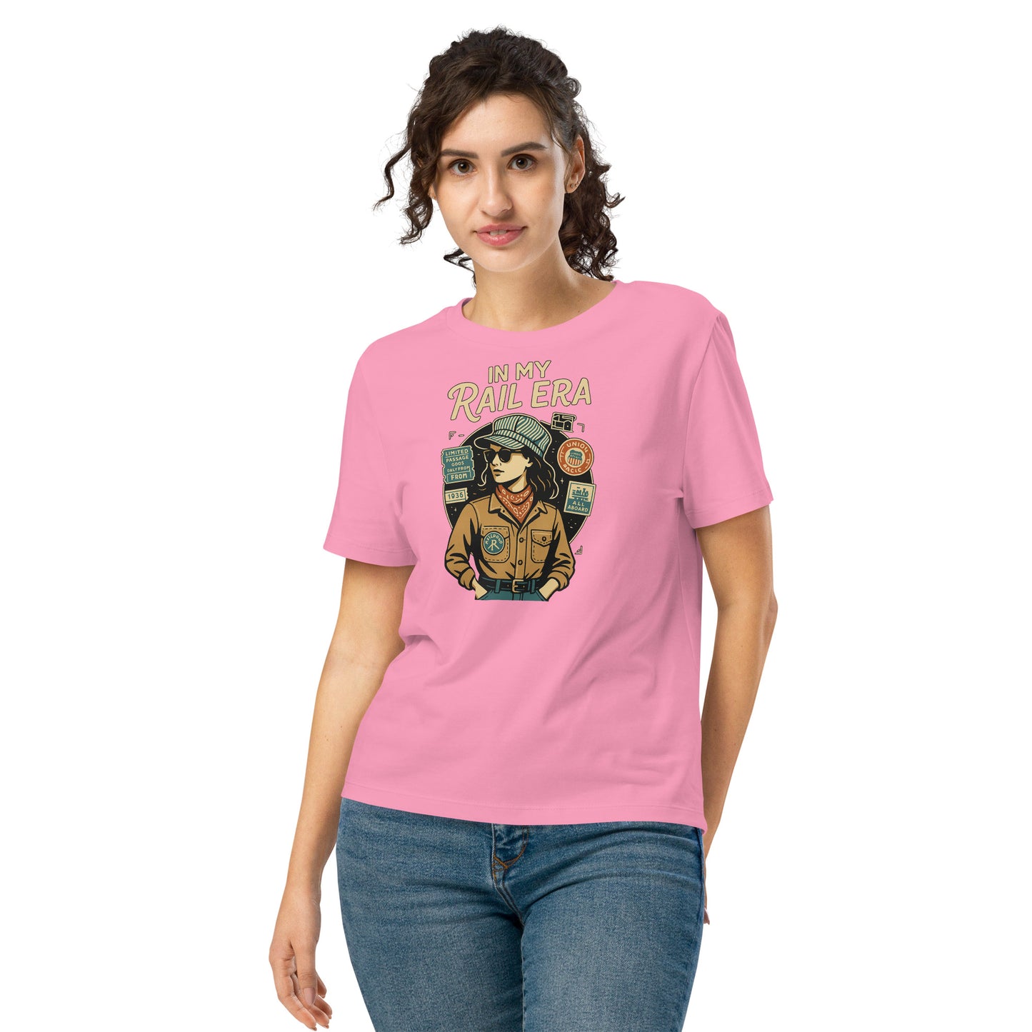 Woman wearing a pink t-shirt with a graphic design and text on a white background