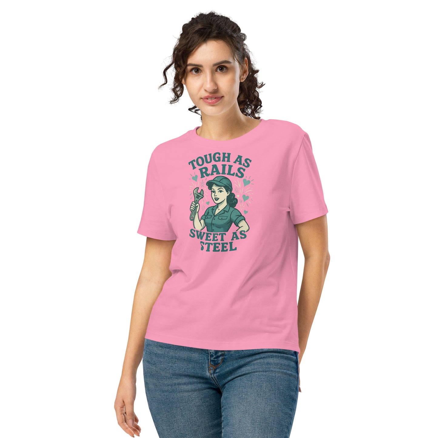 Woman wearing a pink t-shirt with graphic design and text on a white background