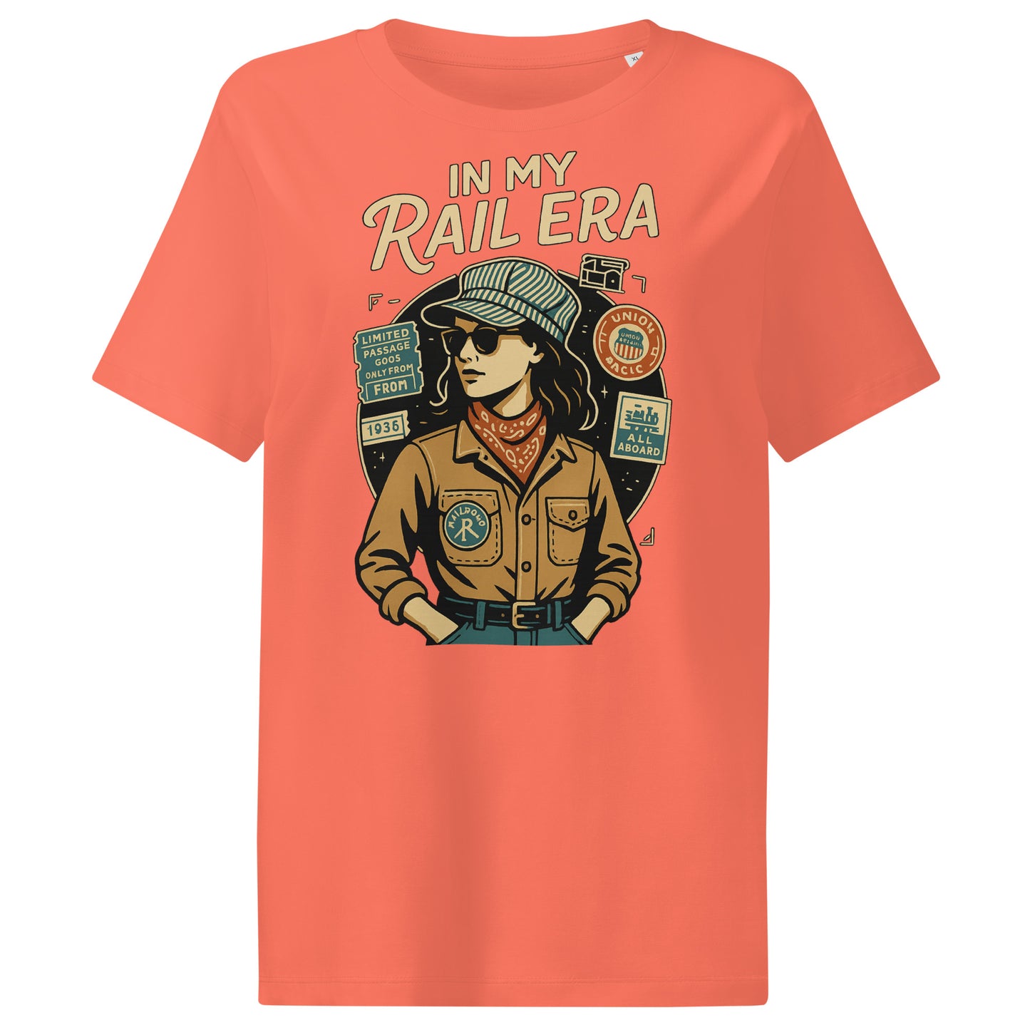 Coral t-shirt with graphic design of a person in my rail era theme on a white background
