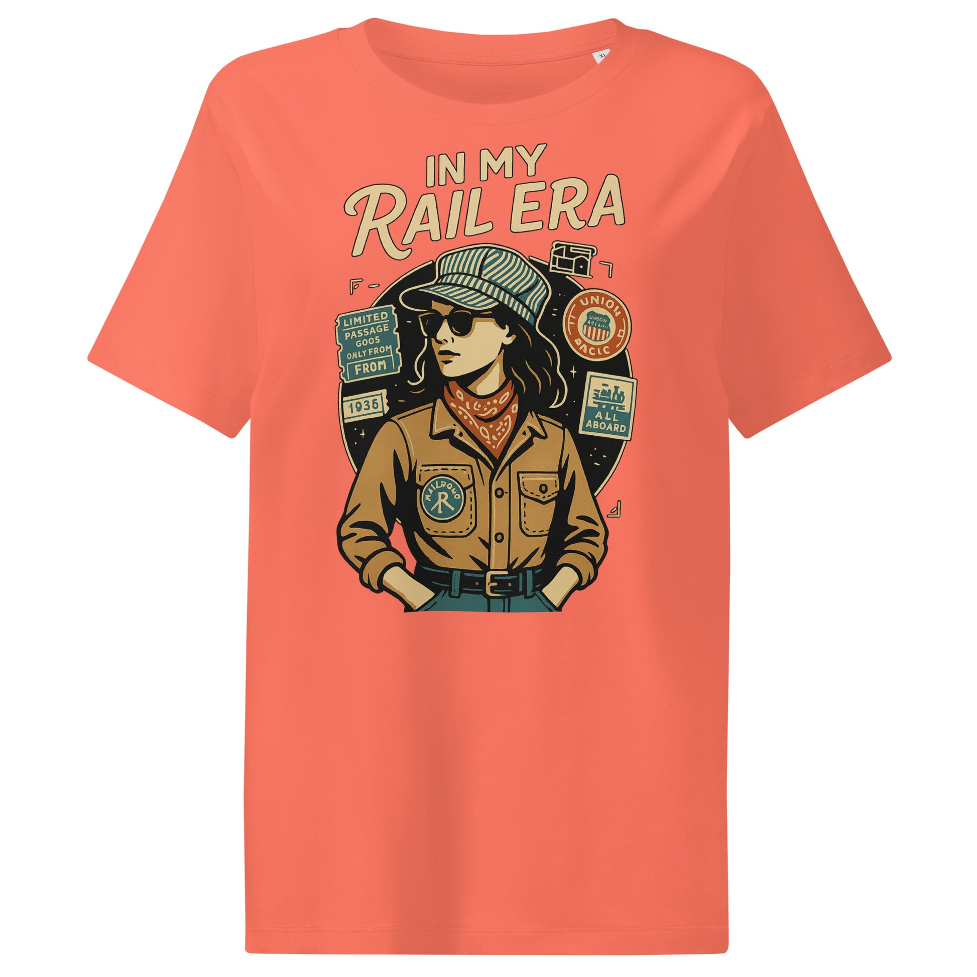 Coral t-shirt with graphic design of a person in my rail era theme on a white background