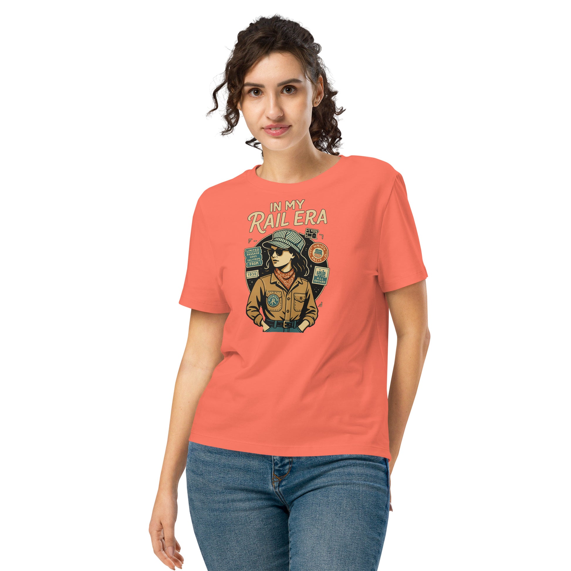 Woman wearing a coral t-shirt with a graphic design and text on a white background