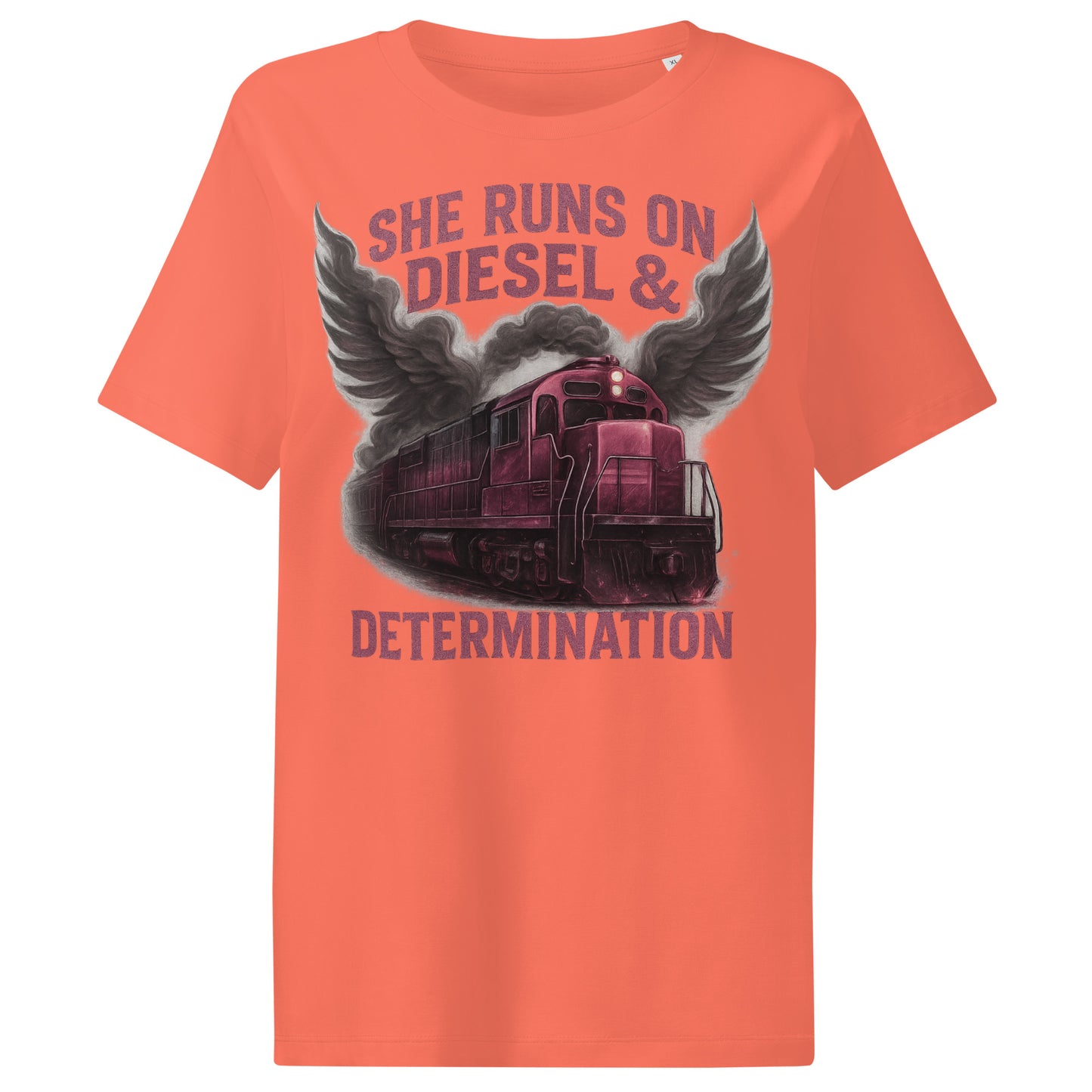 Orange t-shirt with a train graphic and text on a white background
