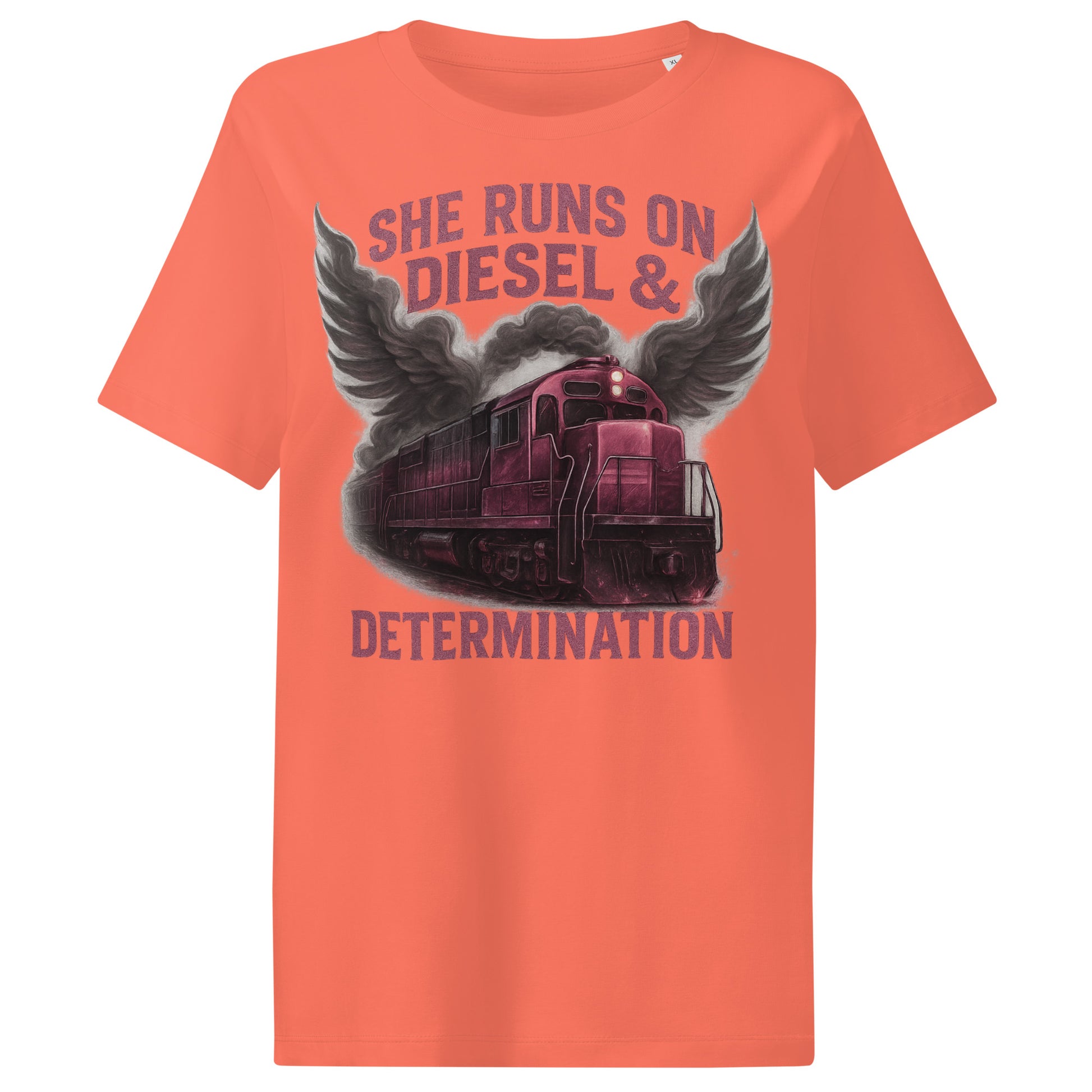 Orange t-shirt with a train graphic and text on a white background