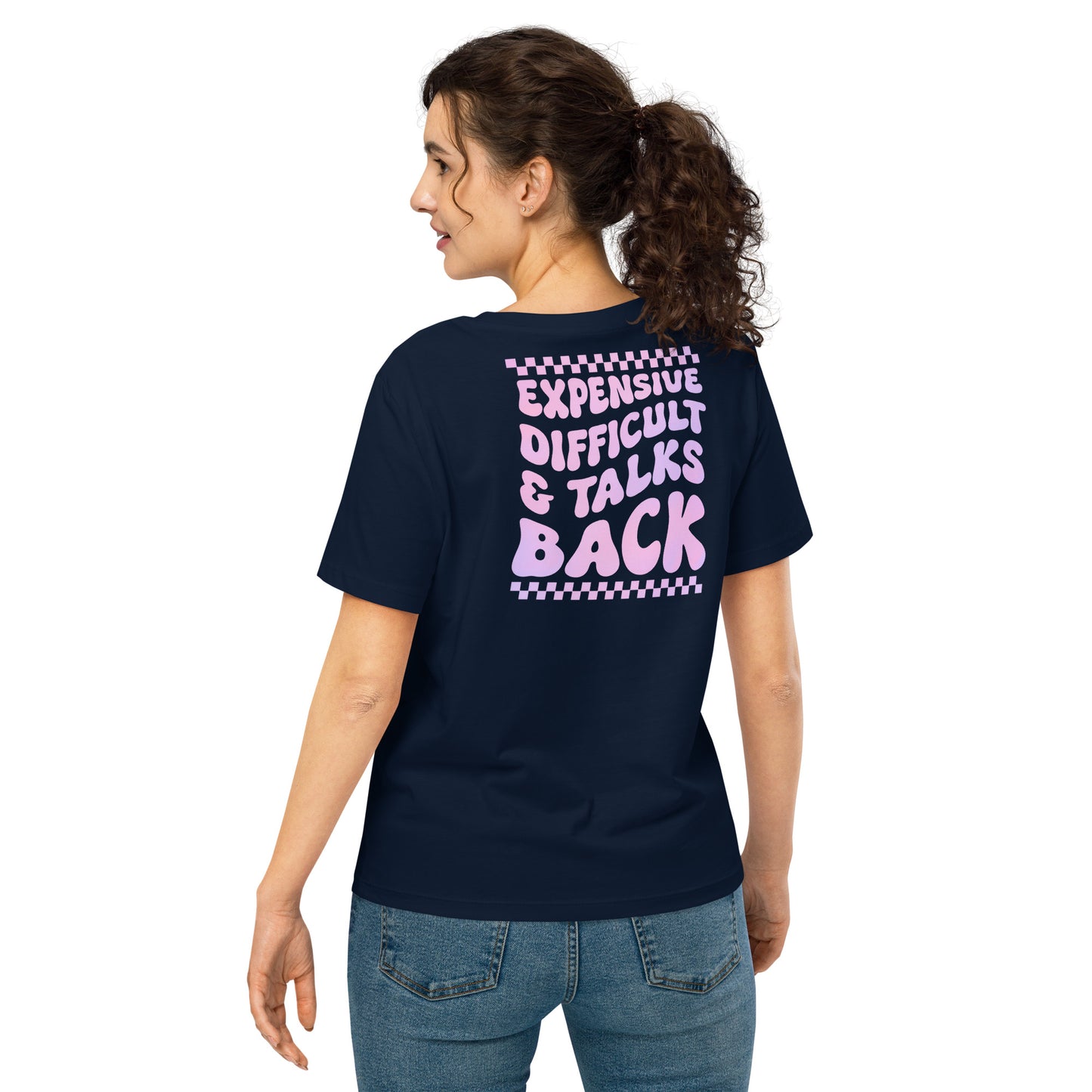 "Railroad Wifey double-sided navy t-shirt – front design with Railroad Wifey script in pink and purple, back design with bold text 'Expensive, Difficult & Talks Back' in purple."