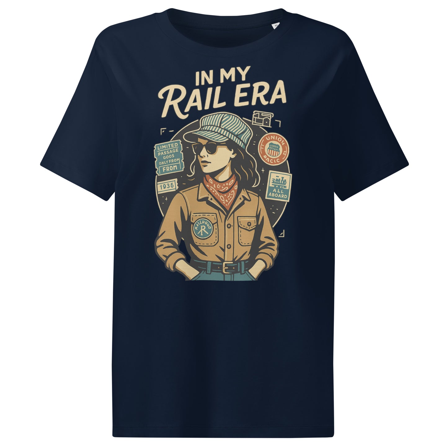 Navy blue t-shirt with a graphic of a person in a hat and coat, labeled 'In My Rail Era', on a white background.