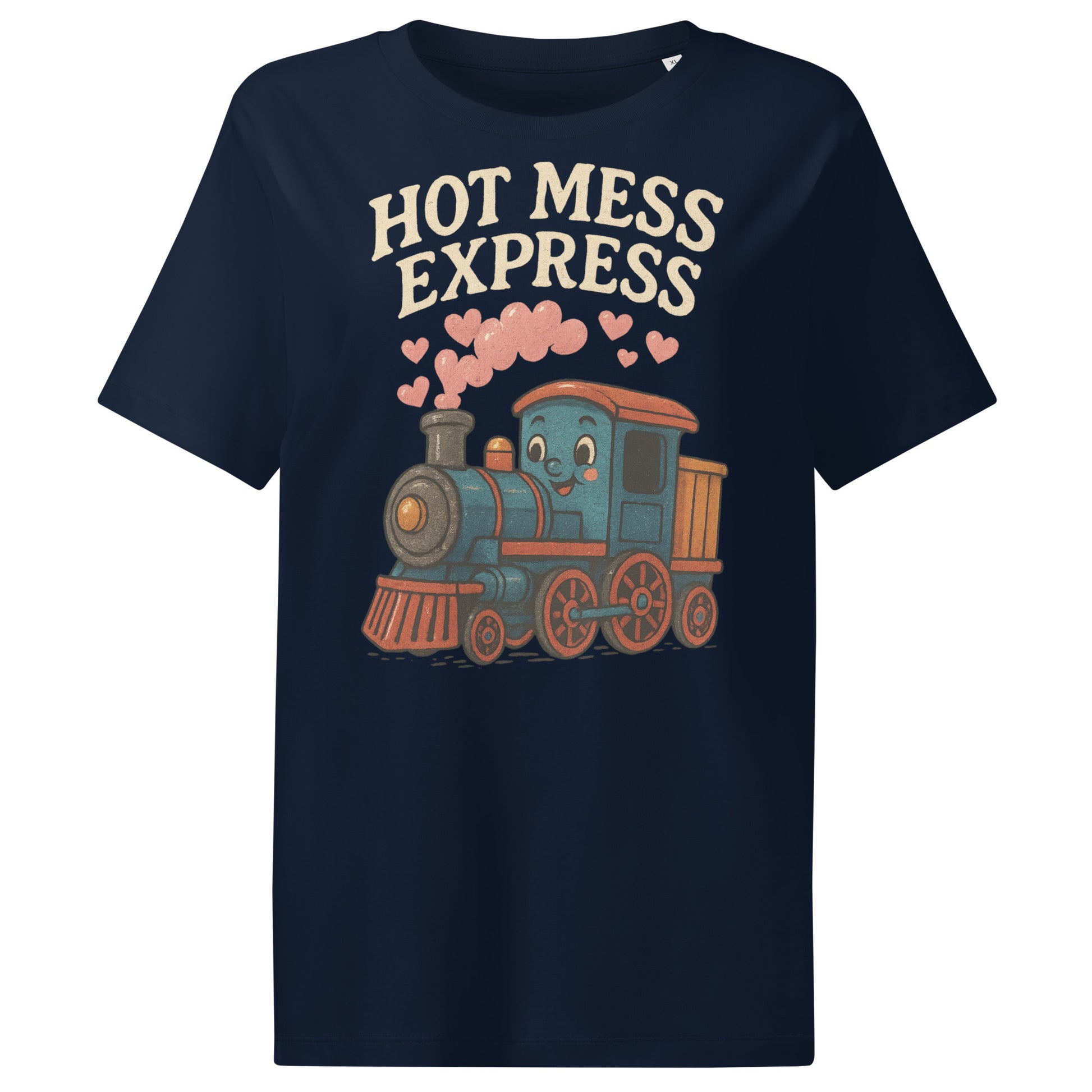 Navy blue t-shirt with a cartoon train and 'Hot Mess Express' text on a white background