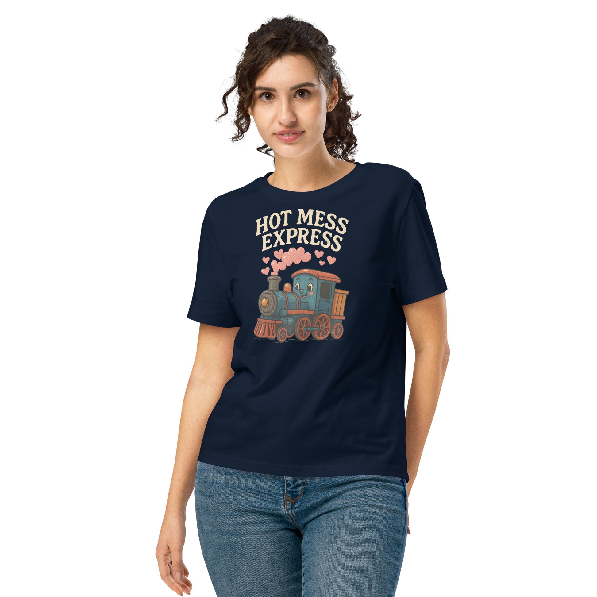 Woman wearing a navy blue t-shirt with 'Hot Mess Express' design on a white background