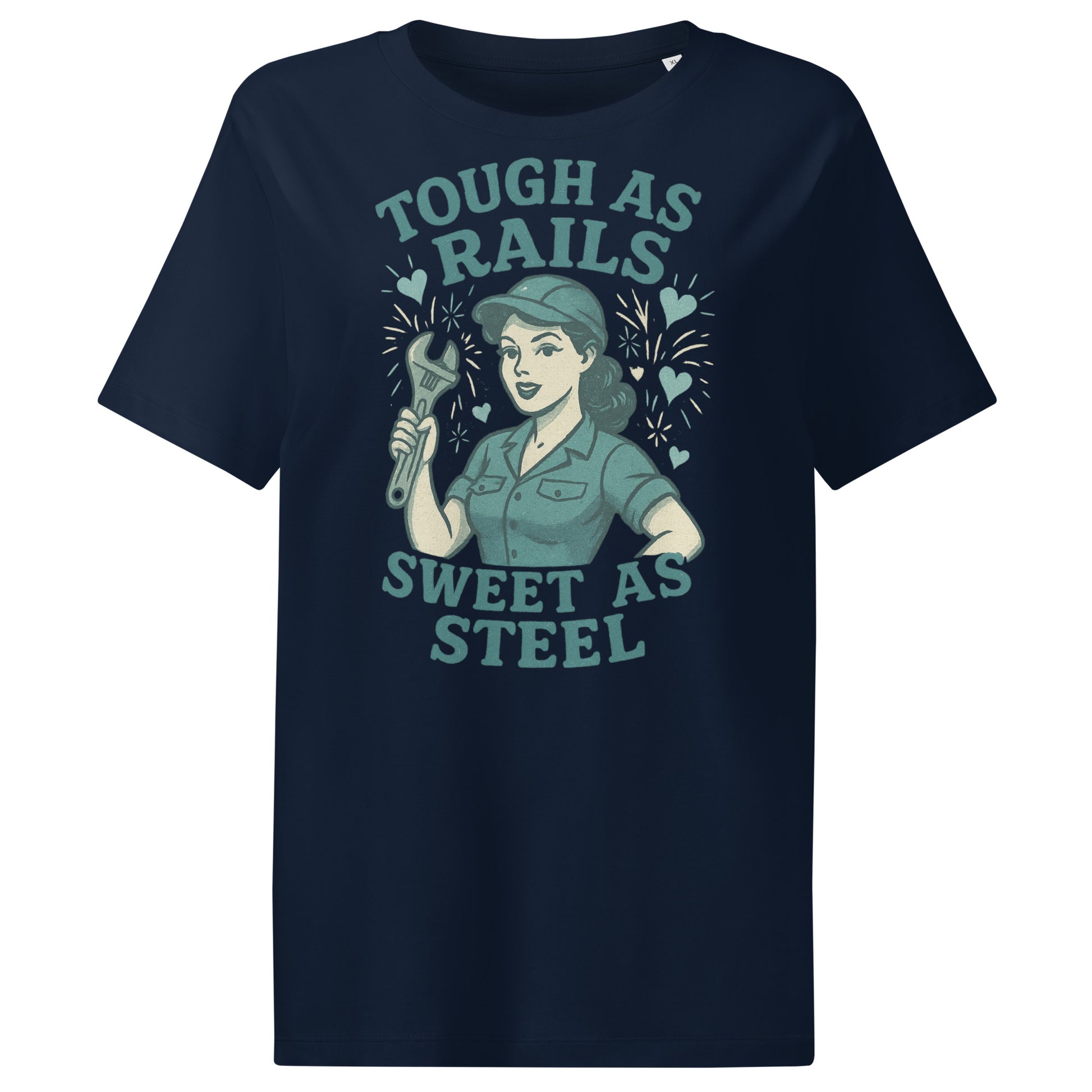 Navy blue t-shirt with graphic design and text 'Tough as Rails, Sweet as Steel' on a white background
