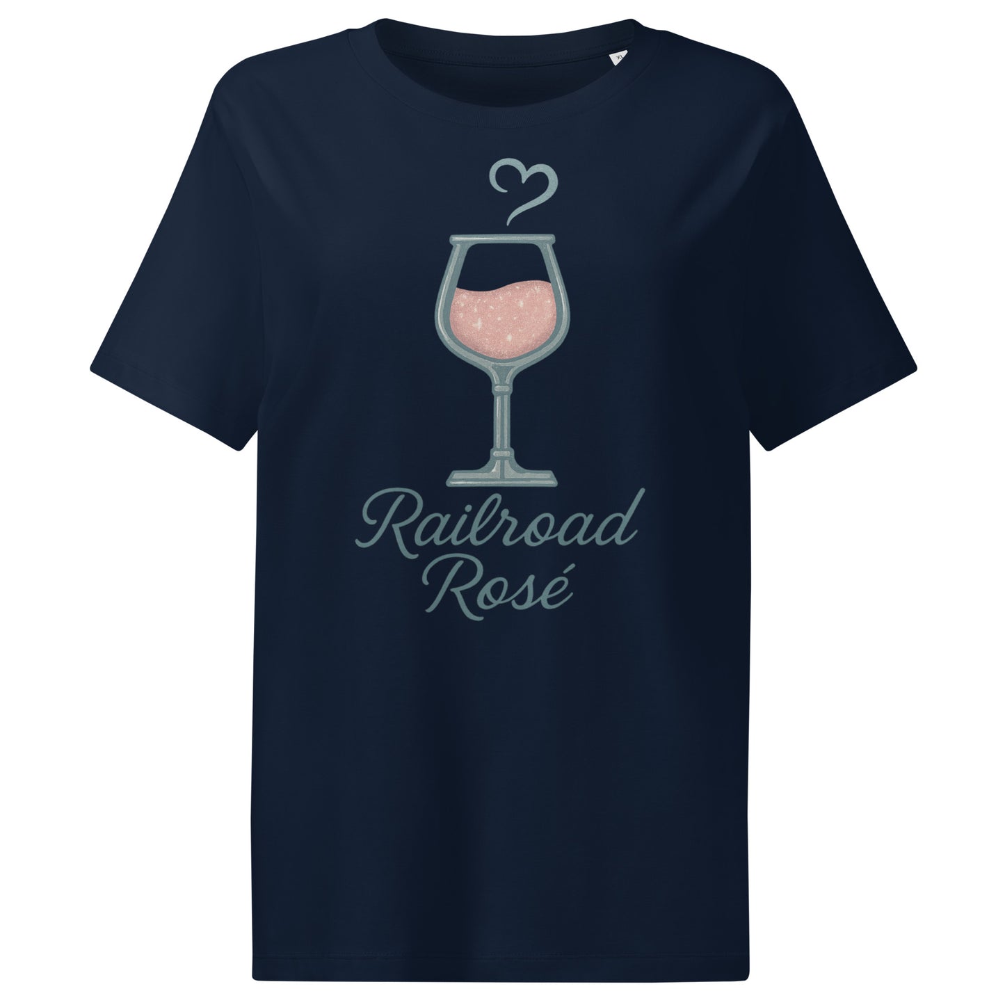 Navy blue t-shirt with 'Railroad Rosé' design featuring a wine glass on a white background
