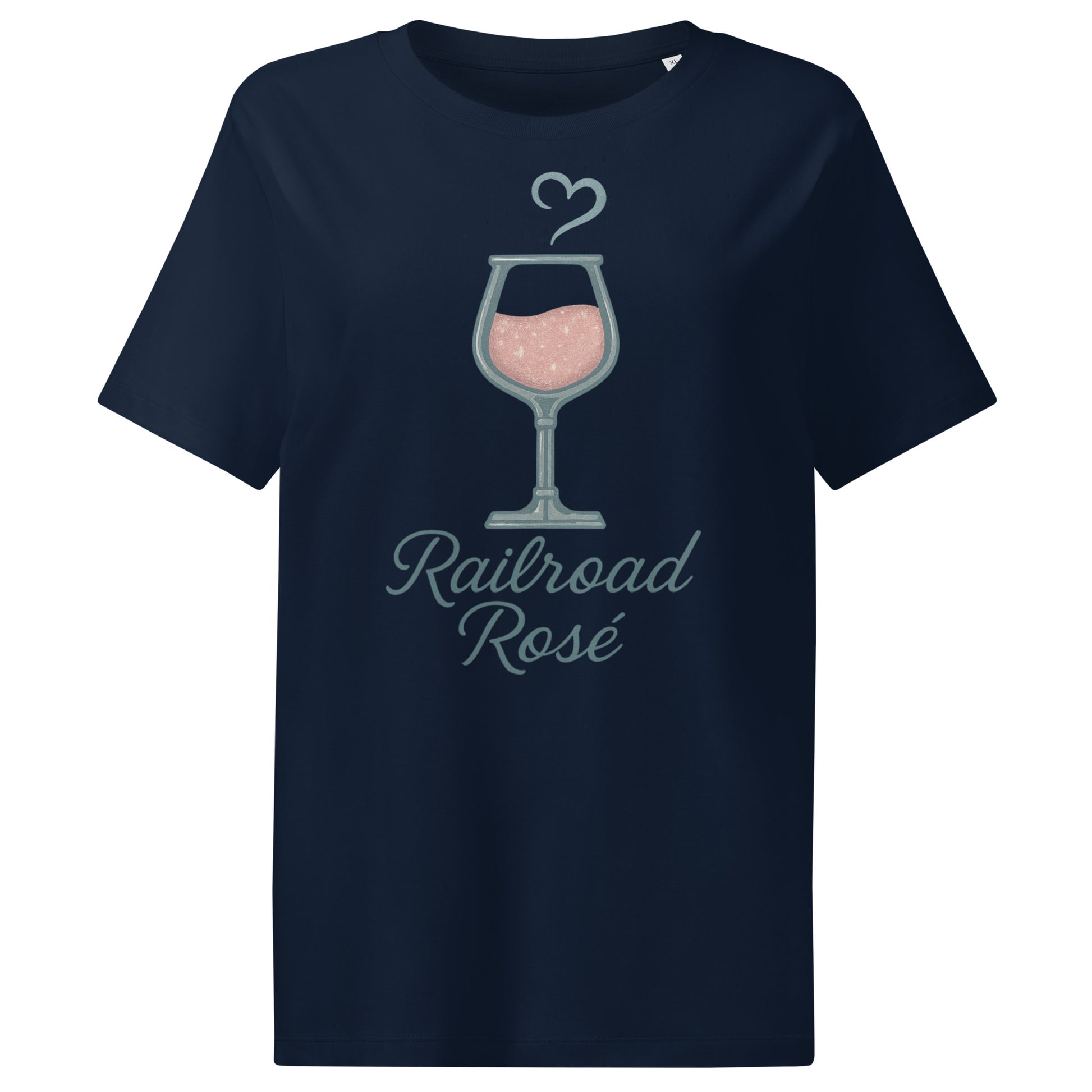 Navy blue t-shirt with 'Railroad Rosé' design featuring a wine glass on a white background