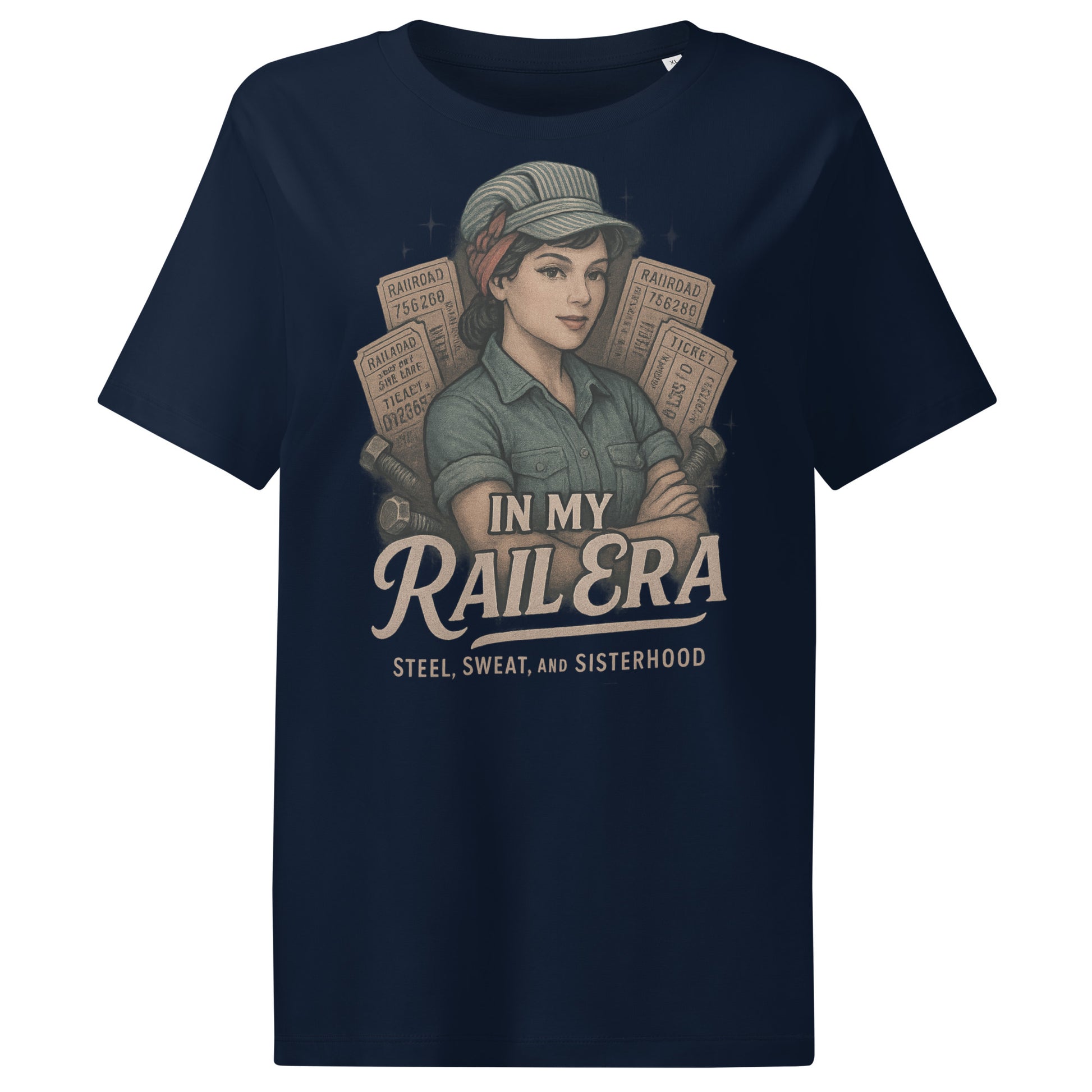 Navy blue t-shirt with graphic design of a woman and text 'In My Rail Era' on a white background