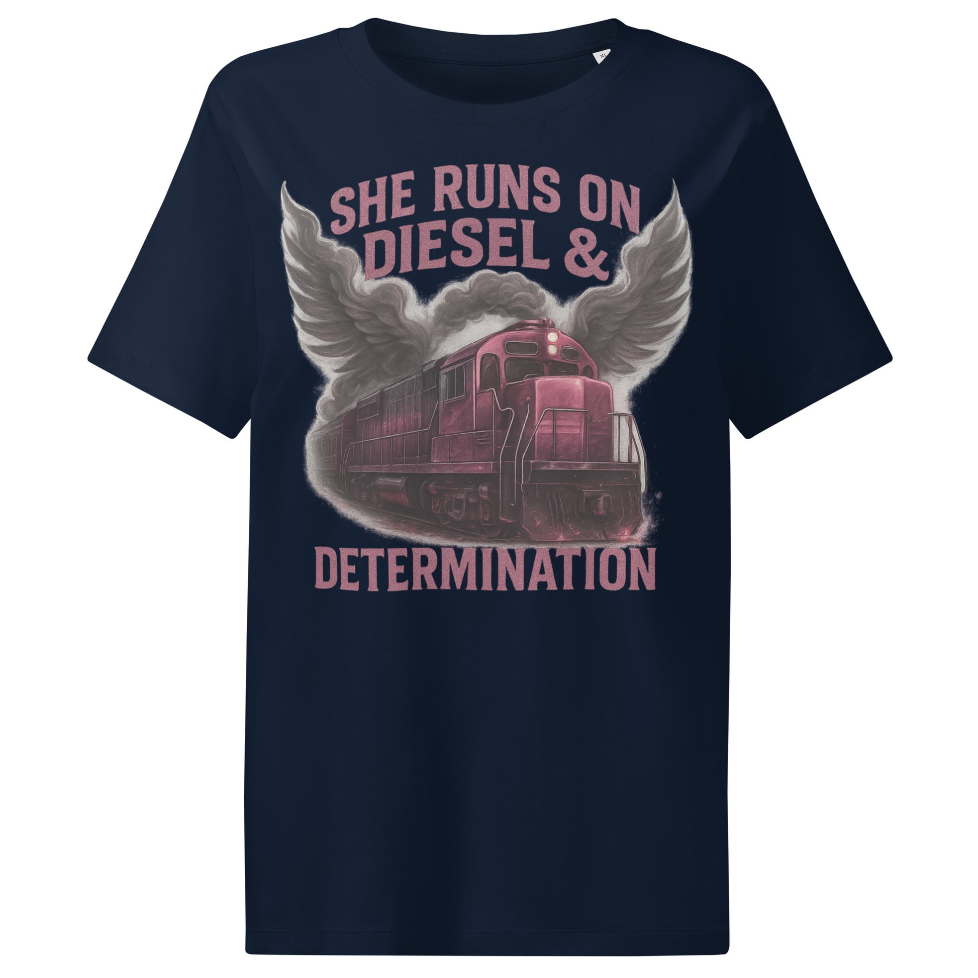Navy blue t-shirt with a graphic of a train and text 'She runs on diesel & determination' on a white background.