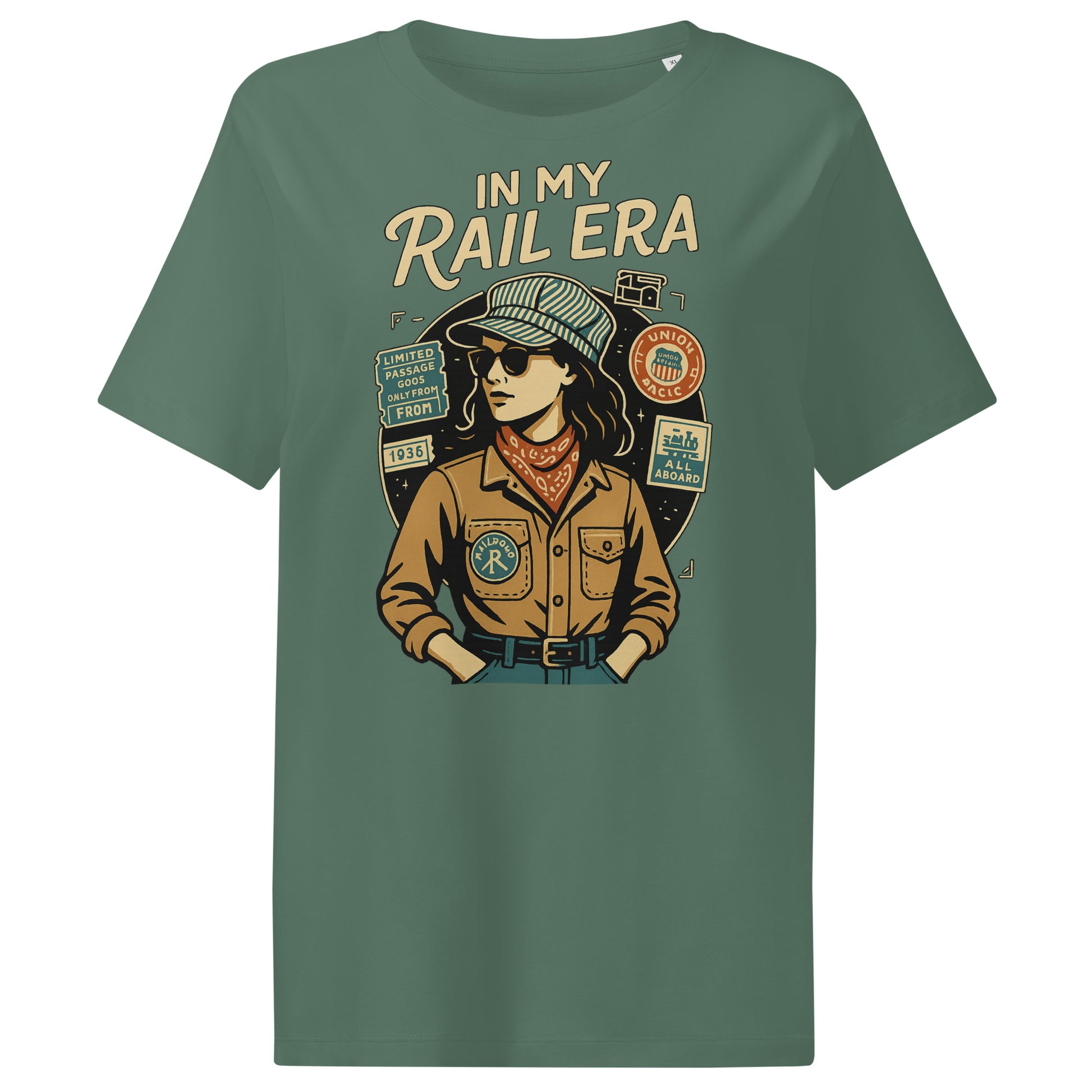 Green t-shirt with a graphic of a铁路era character and text on a white background