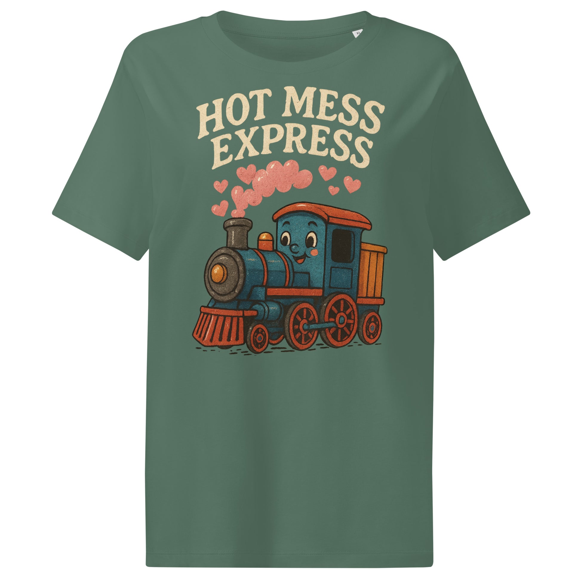 Green t-shirt with a train graphic and 'Hot Mess Express' text on a white background