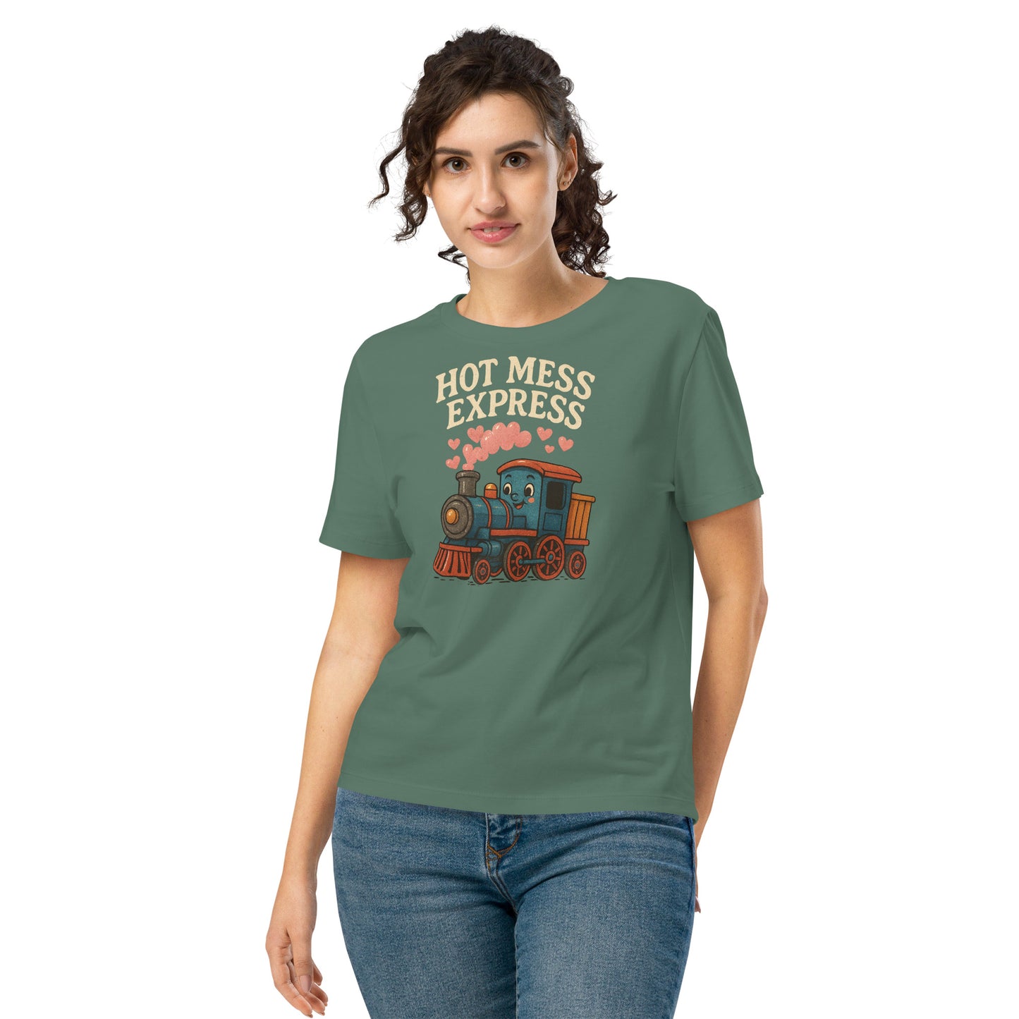 Woman wearing a green t-shirt with a train graphic and text on a white background