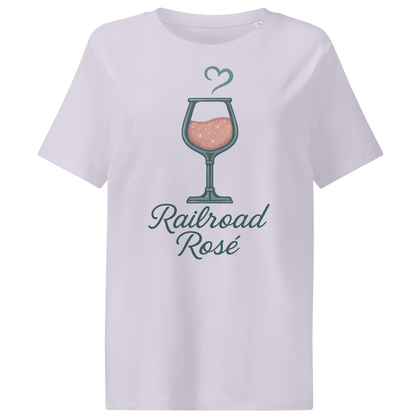 White t-shirt with 'Railroad Rosé' graphic design on a white background