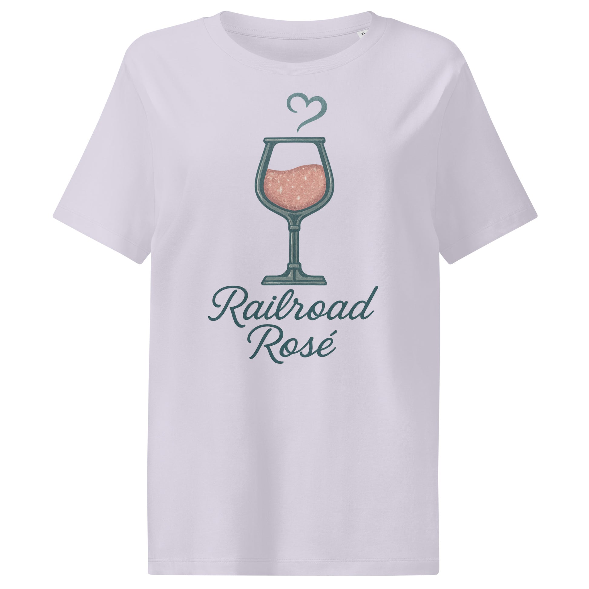 White t-shirt with 'Railroad Rosé' graphic design on a white background