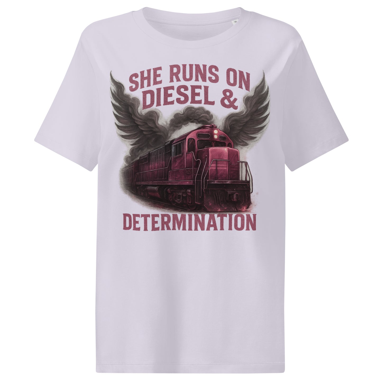 White t-shirt with a graphic of a train and text 'She Runs on Diesel & Determination' on a white background