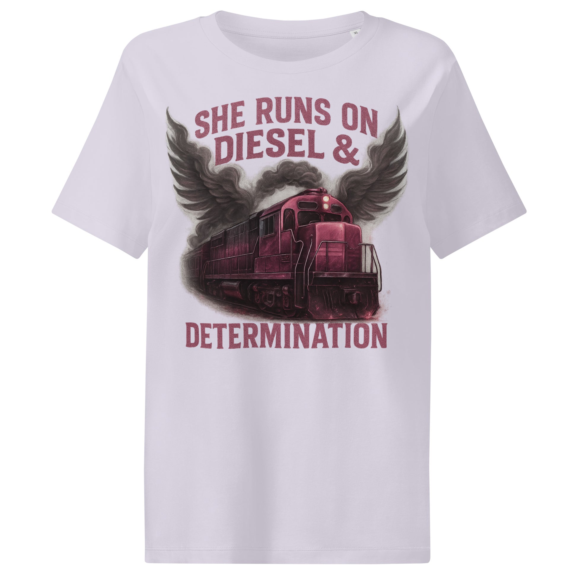 White t-shirt with a graphic of a train and text 'She Runs on Diesel & Determination' on a white background