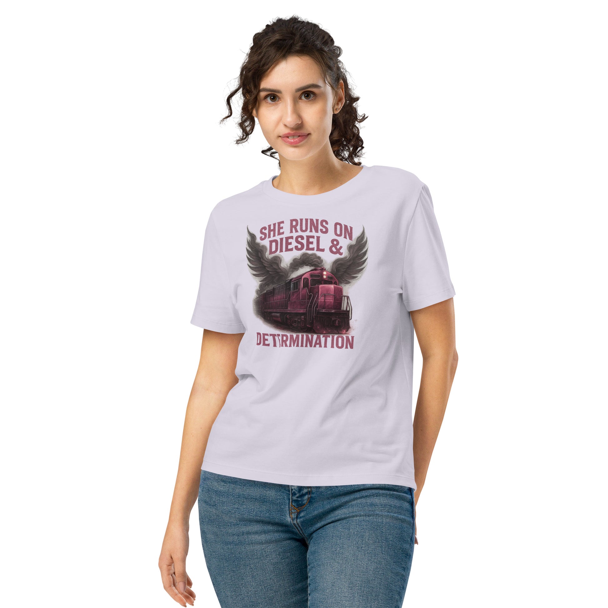 Woman wearing a white t-shirt with a graphic design and text on a white background