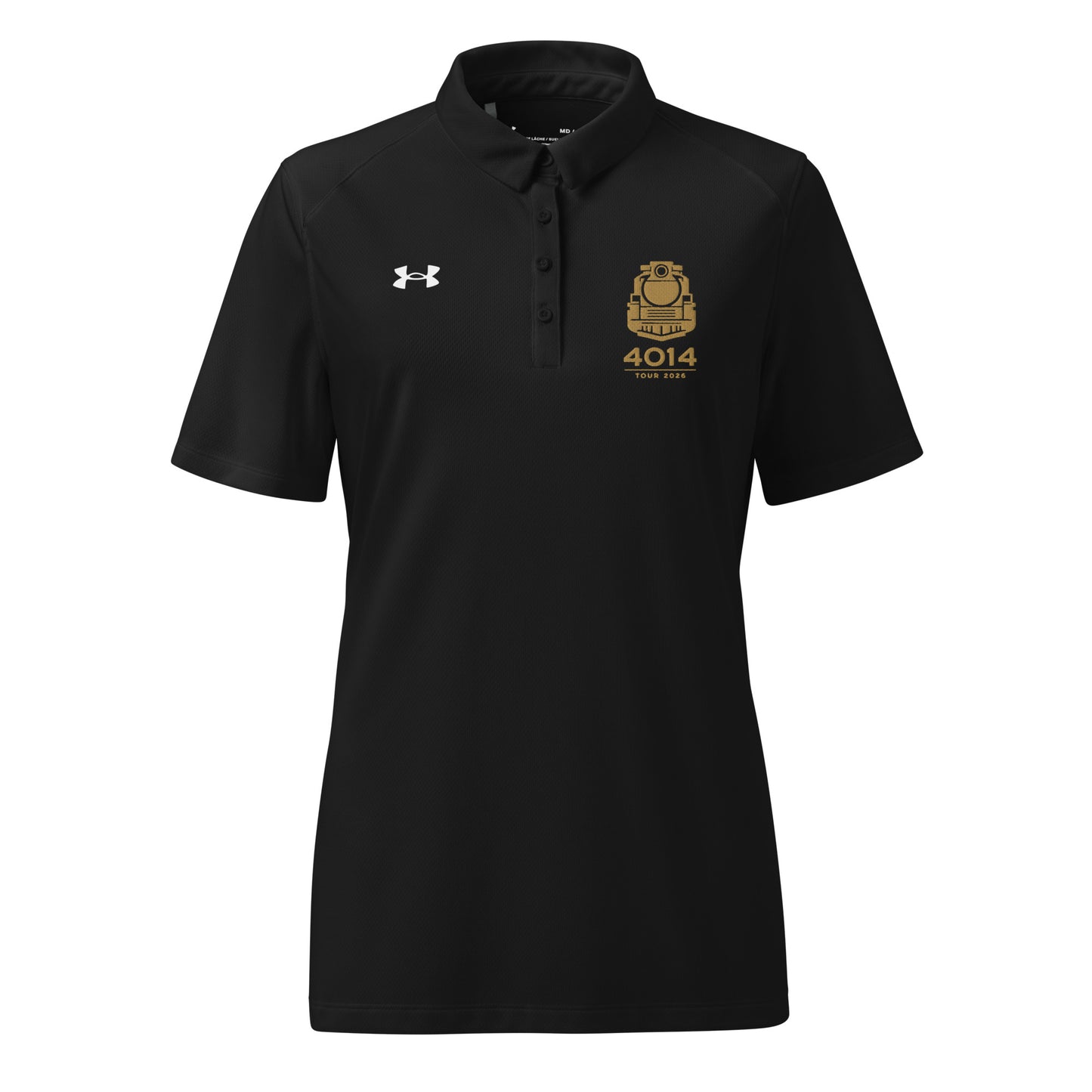 Black Under Armour women's polo shirt featuring a gold graphic of a front-facing steam locomotive above the text "4014 TOUR 2026" on the left chest. A white Under Armour logo is displayed on the right chest. The shirt has a classic collar and a multi-button placket tailored for a women's fit.