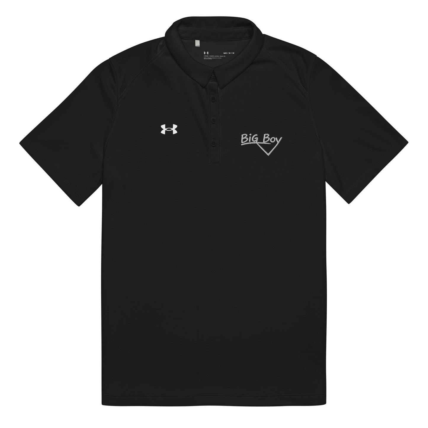 Black Under Armour women's polo shirt featuring the classic white chalk-style "Big Boy" script logo on the left chest. A white Under Armour logo is displayed on the right chest. The shirt has a classic collar and a multi-button placket tailored for a women's fit.
