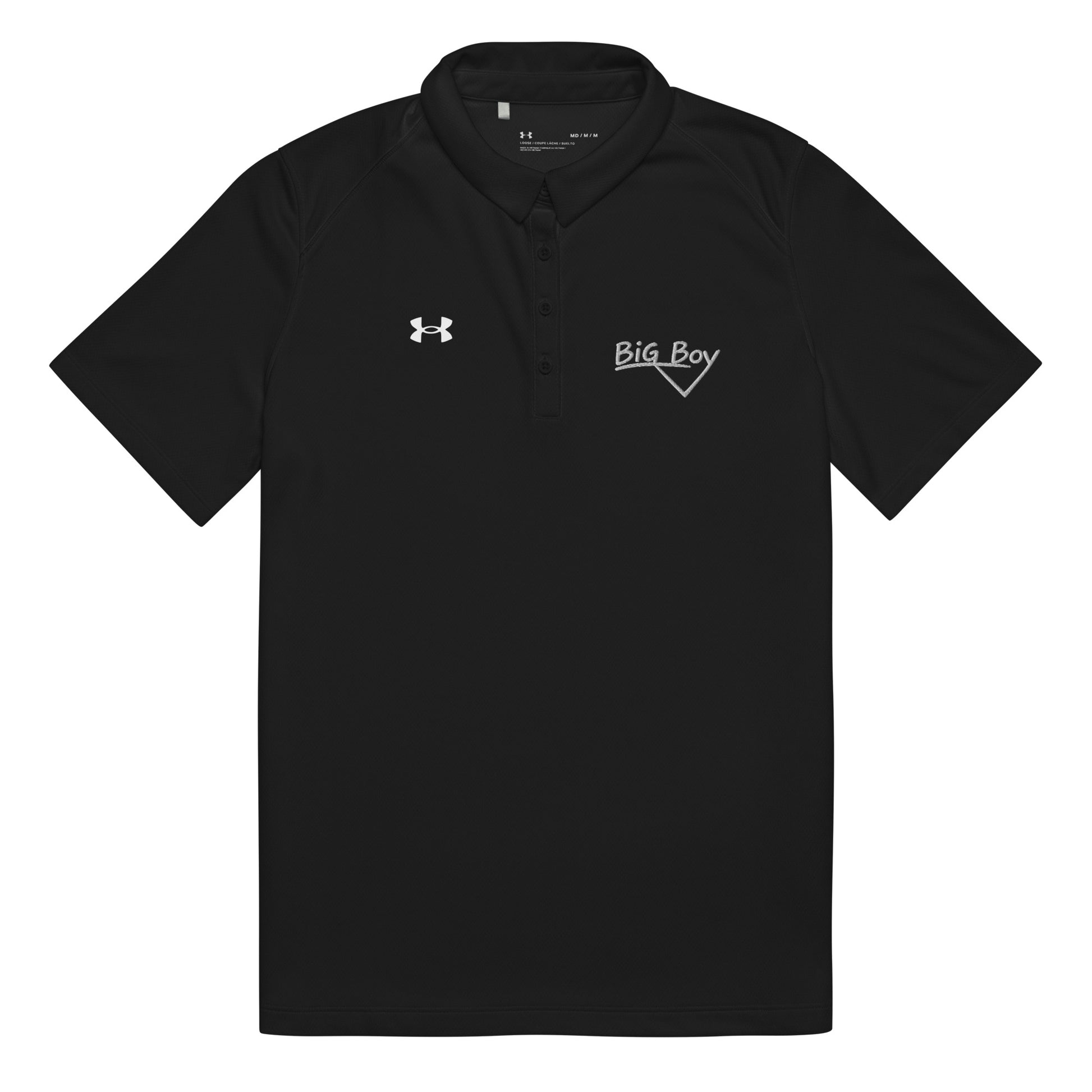 Black Under Armour women's polo shirt featuring the classic white chalk-style "Big Boy" script logo on the left chest. A white Under Armour logo is displayed on the right chest. The shirt has a classic collar and a multi-button placket tailored for a women's fit.