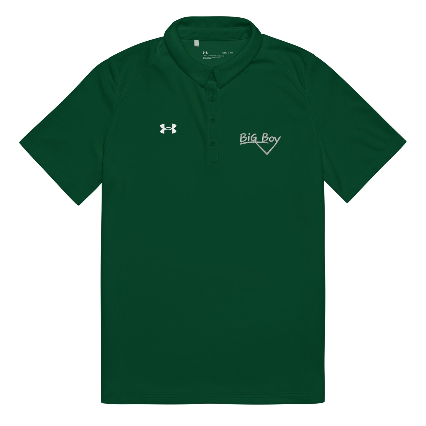 Forest green Under Armour women's polo shirt featuring the classic white chalk-style "Big Boy" script logo on the left chest. A white Under Armour logo is displayed on the right chest. The shirt has a classic collar and a multi-button placket tailored for a women's fit.