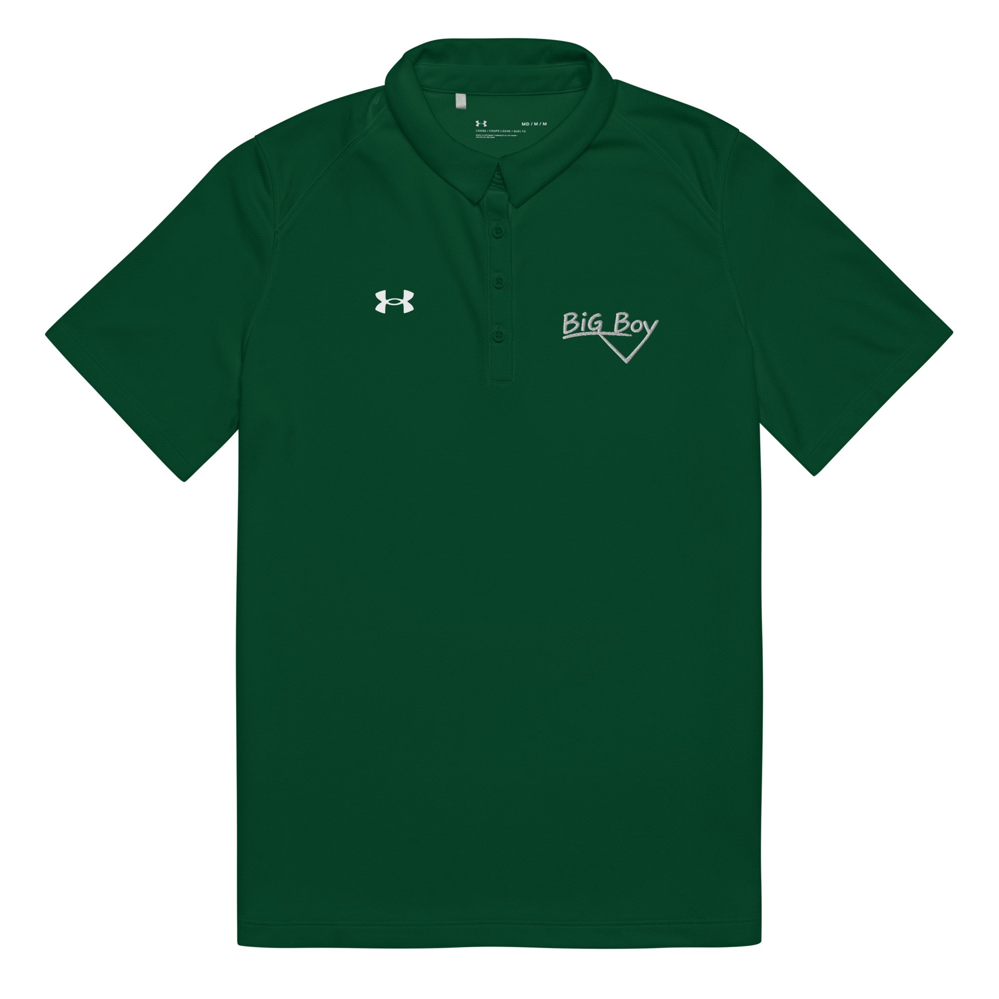 Forest green Under Armour women's polo shirt featuring the classic white chalk-style "Big Boy" script logo on the left chest. A white Under Armour logo is displayed on the right chest. The shirt has a classic collar and a multi-button placket tailored for a women's fit.