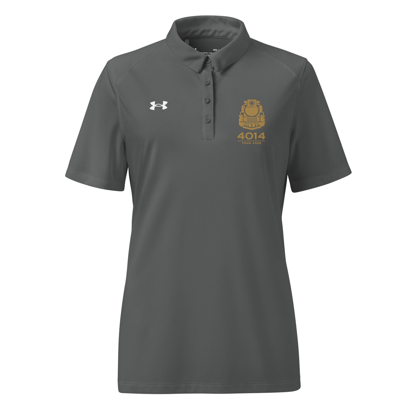 Gray Under Armour women's polo shirt featuring a gold graphic of a front-facing steam locomotive above the text "4014 TOUR 2026" on the left chest. A white Under Armour logo is displayed on the right chest. The shirt has a classic collar and a multi-button placket tailored for a women's fit.