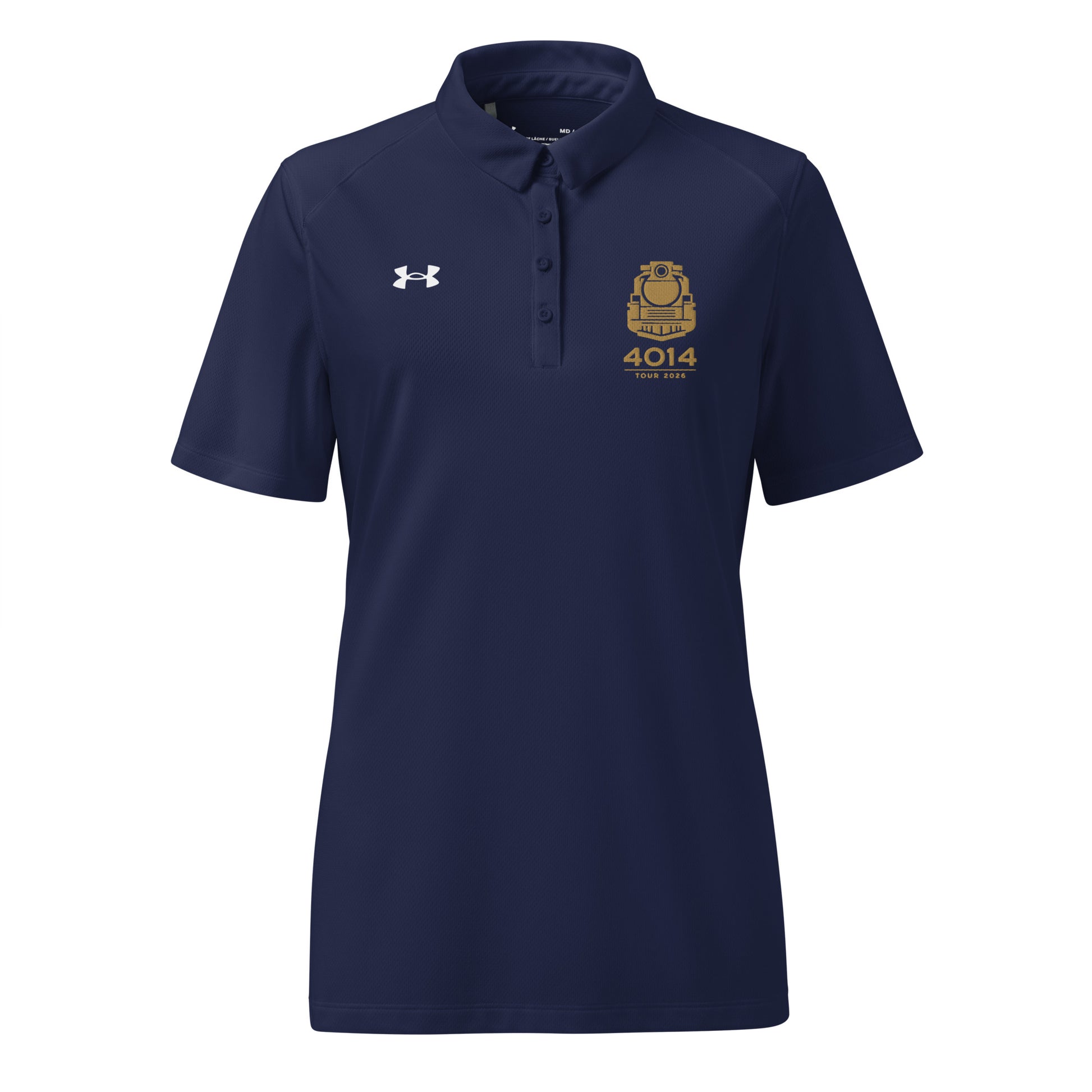 Navy Under Armour women's polo shirt featuring a gold graphic of a front-facing steam locomotive above the text "4014 TOUR 2026" on the left chest. A white Under Armour logo is displayed on the right chest. The shirt has a classic collar and a multi-button placket tailored for a women's fit.