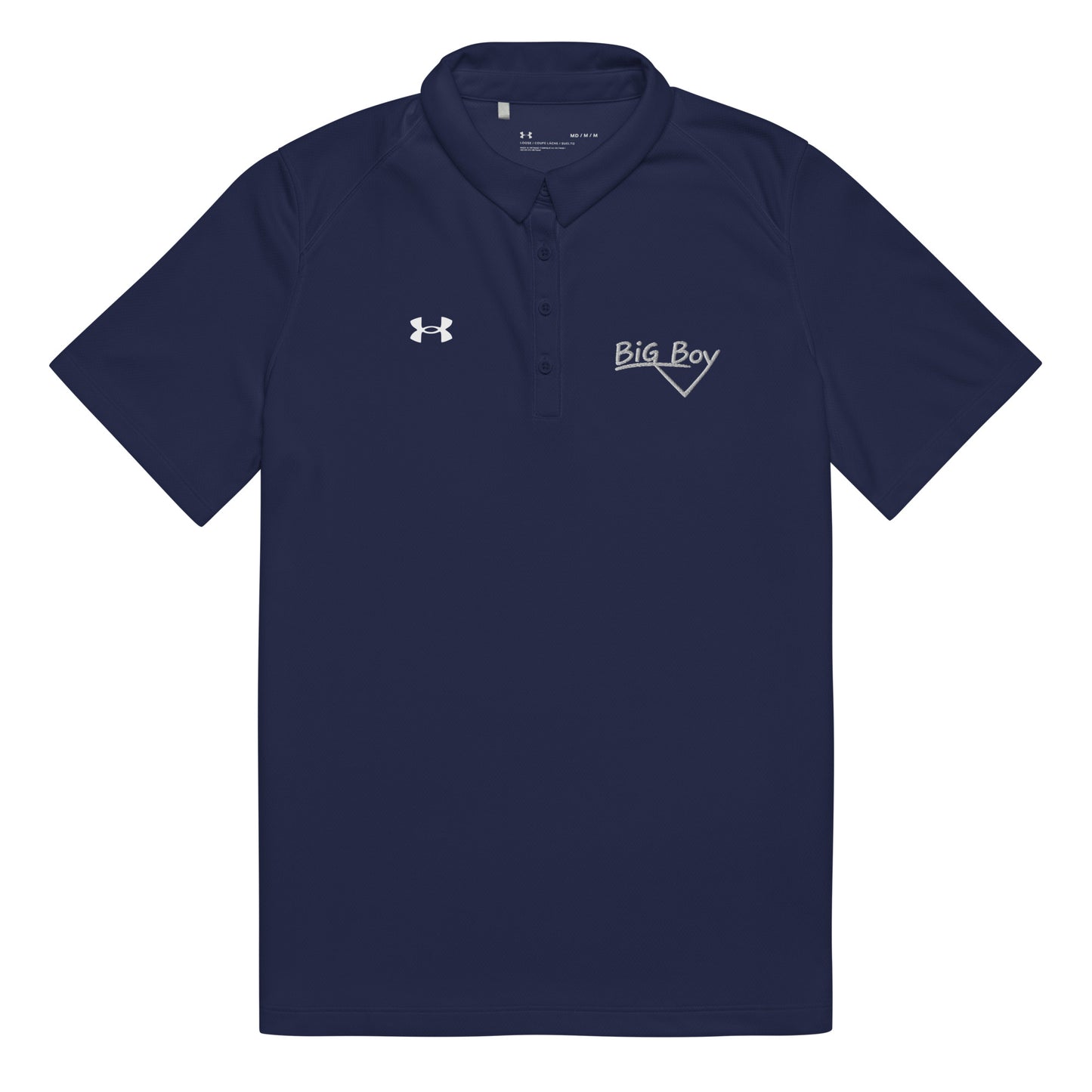 Navy Under Armour women's polo shirt featuring the classic white chalk-style "Big Boy" script logo on the left chest. A white Under Armour logo is displayed on the right chest. The shirt has a classic collar and a multi-button placket tailored for a women's fit.