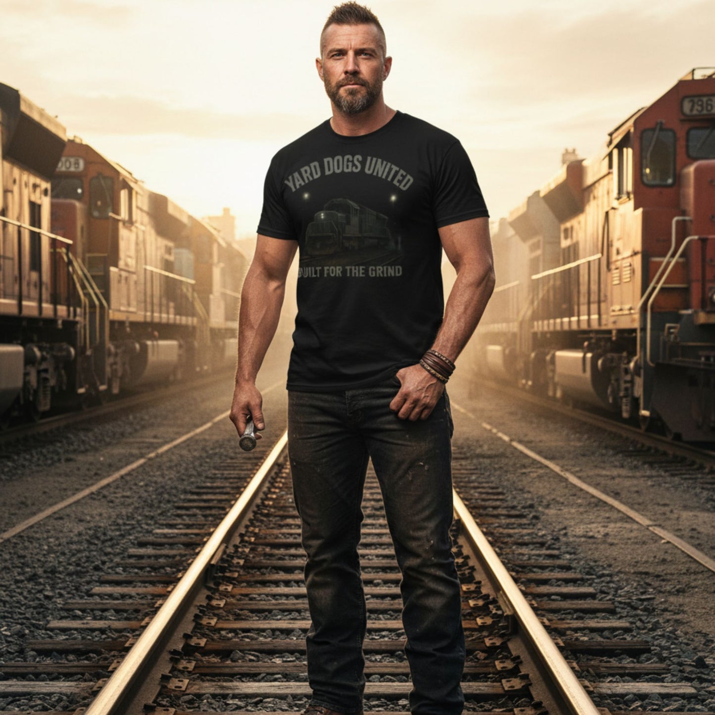 Man wearing a black t-shirt with text standing on train tracks with trains in the background